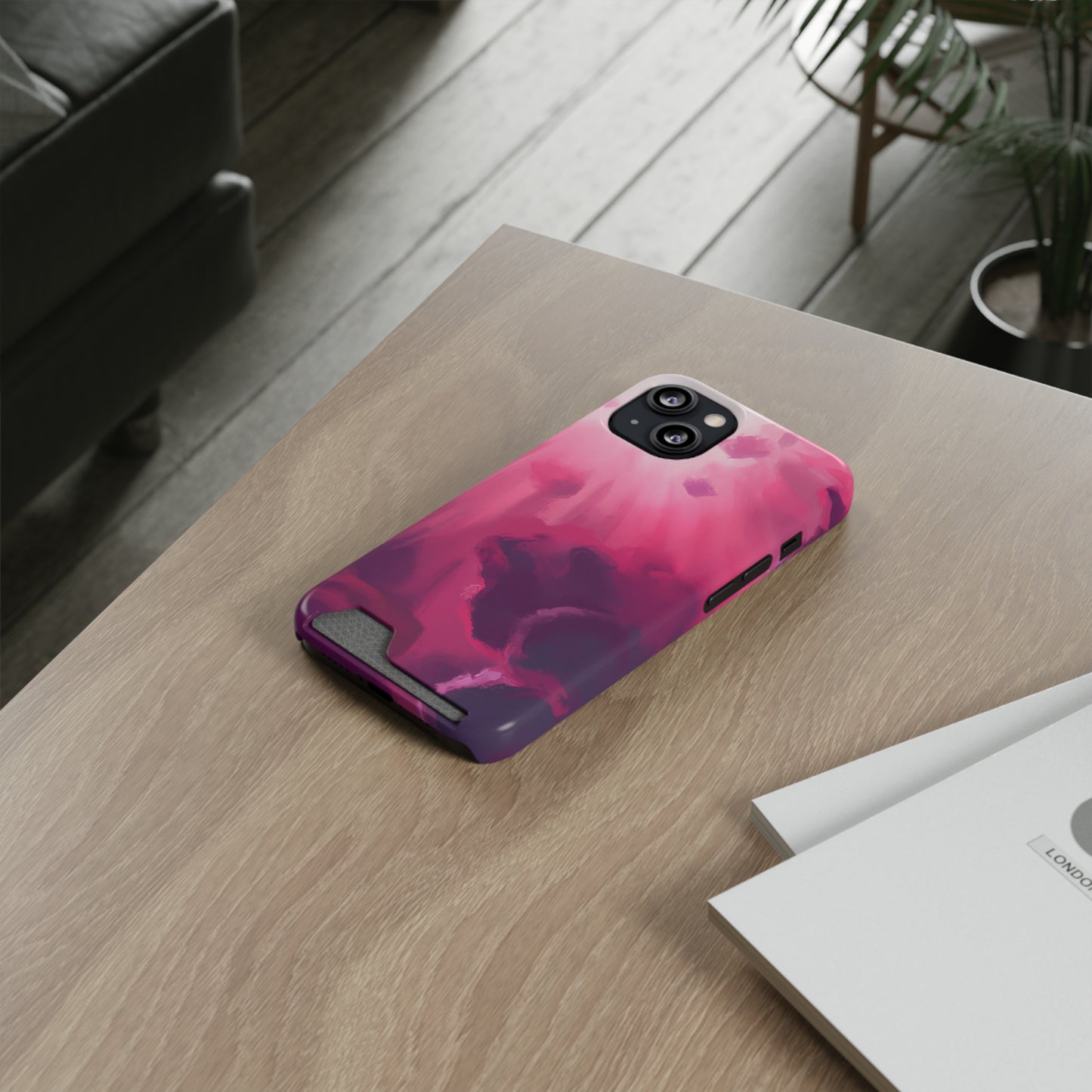 iPhone 13 and Samsung S21, S22 Cases with Card Holder Ft. Abstract Pink Sky