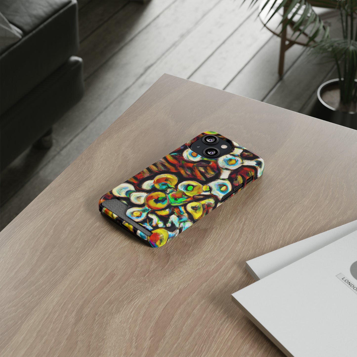 iPhone 13 and Samsung S21, S22 Cases with Card Holder Ft. Abstract Molecule