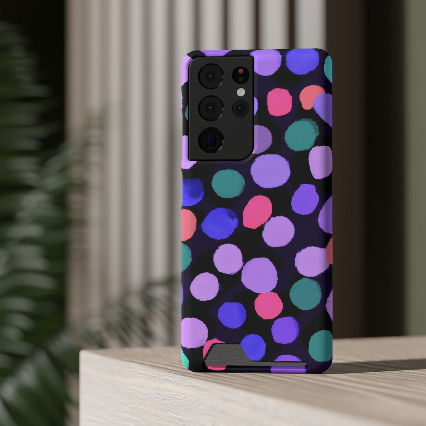 iPhone 13 and Samsung S21, S22 Cases with Card Holder Ft. Purple Dots