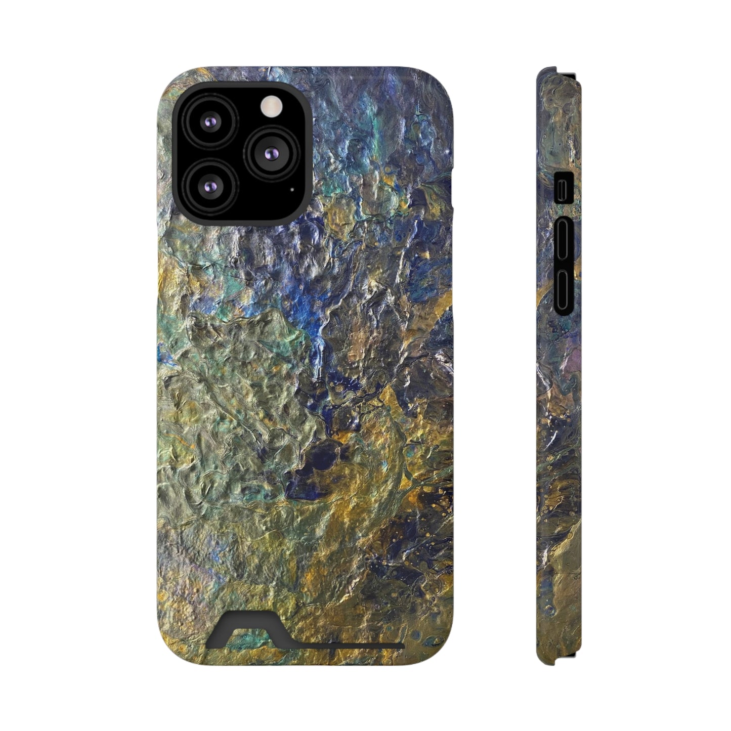 iPhone 13 and Samsung S21, S22 Cases with Card Holder Ft. Abstract Acrylic Gold Waterfall