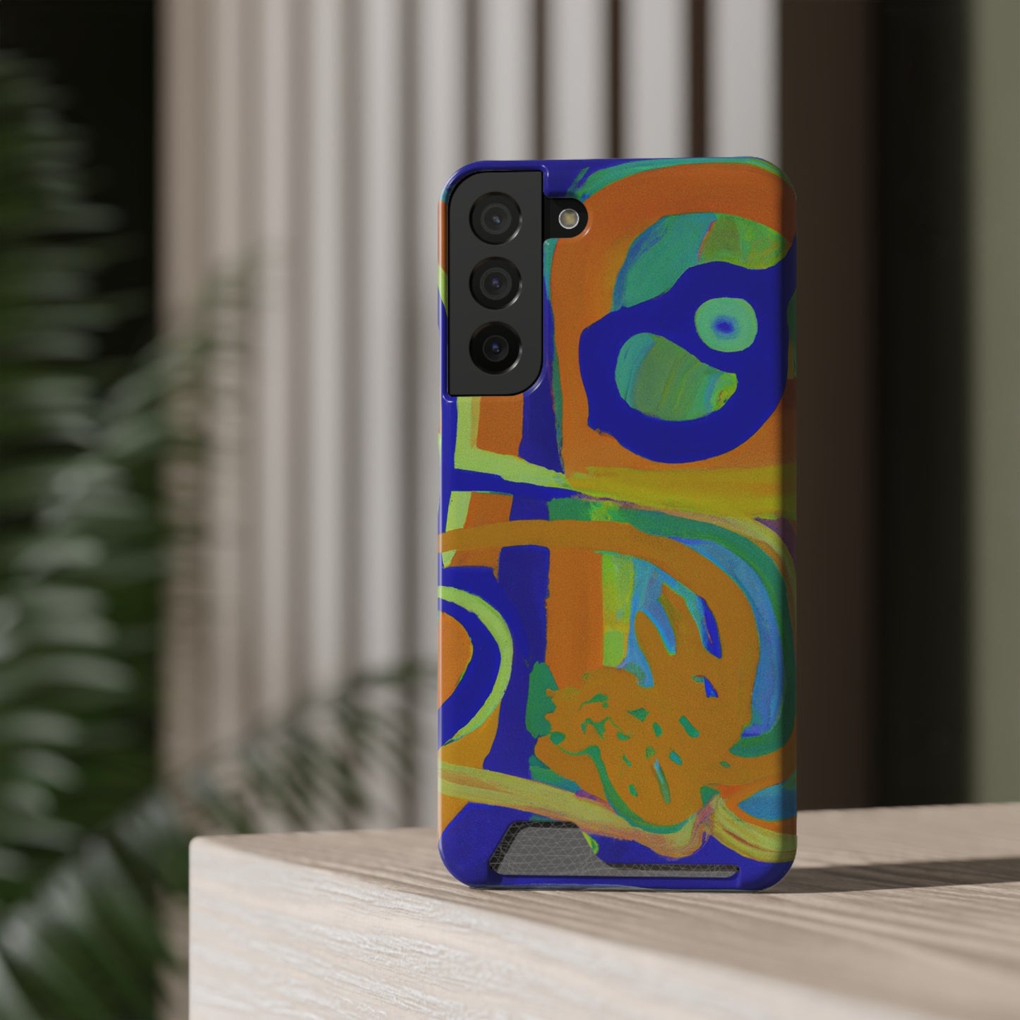 iPhone 13 and Samsung S21, S22 Cases with Card Holder Ft. Blue Orange Curves