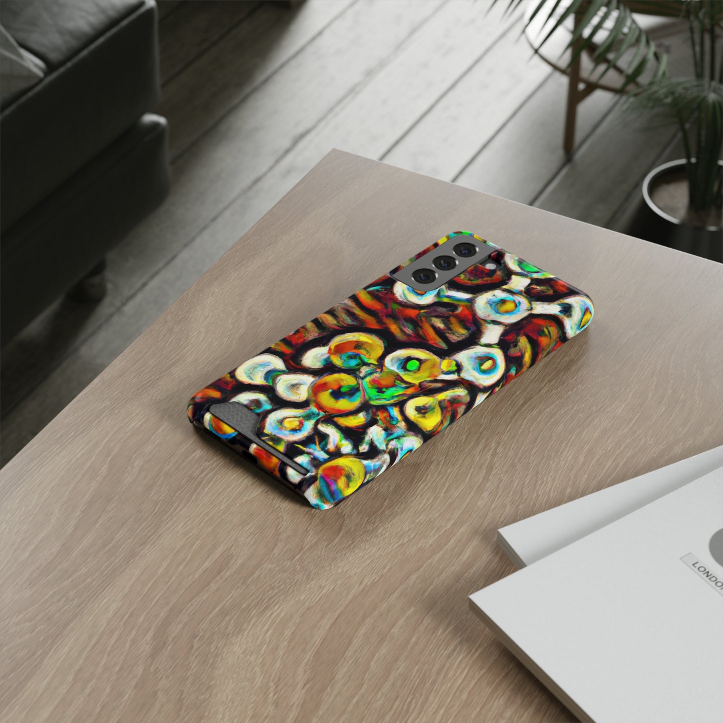 iPhone 13 and Samsung S21, S22 Cases with Card Holder Ft. Abstract Molecule