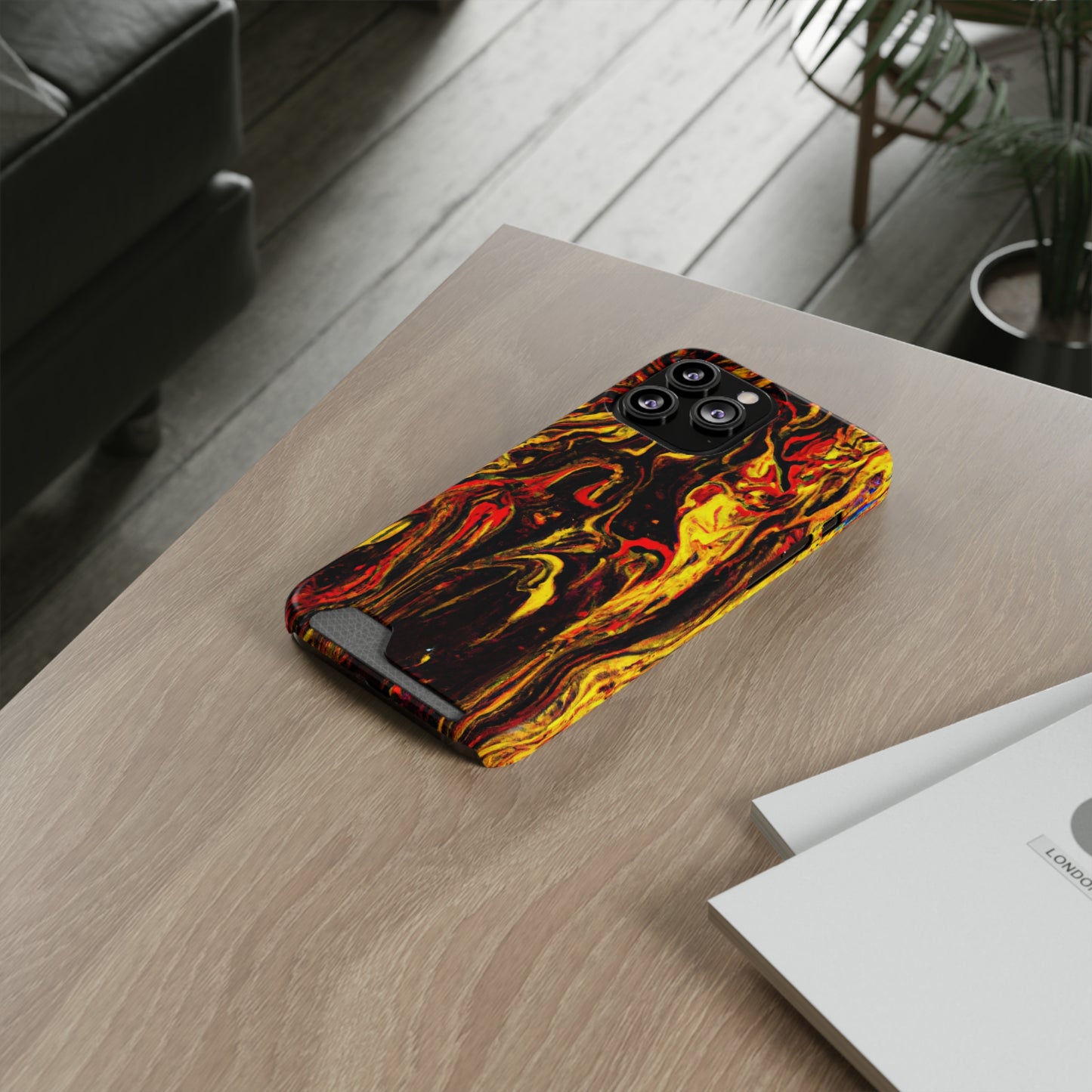 iPhone 13 and Samsung S21, S22 Cases with Card Holder Ft. Abstract Black and Yellow