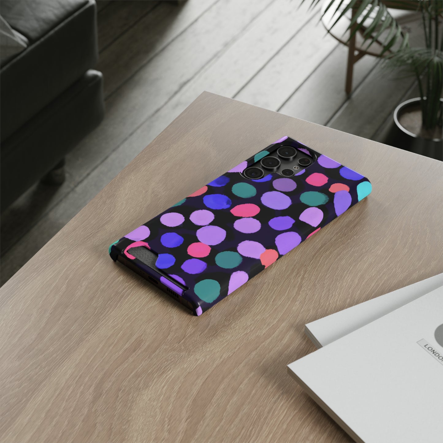 iPhone 13 and Samsung S21, S22 Cases with Card Holder Ft. Purple Dots