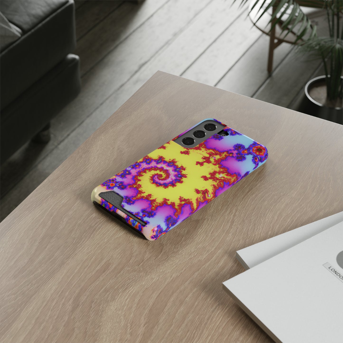 iPhone 13 and Samsung S21, S22 Cases with Card Holder Ft. Tie Dye Fractal