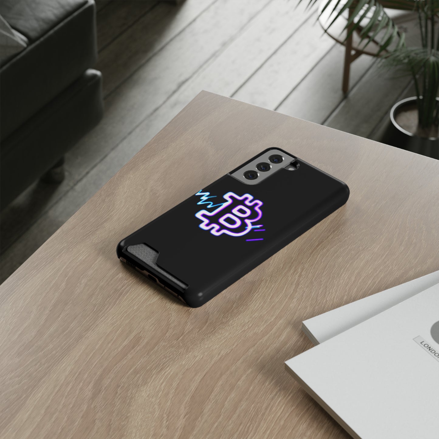 iPhone 13 and Samsung S21, S22 Cases with Card Holder Ft. Synthwave Bitcoin Symbol