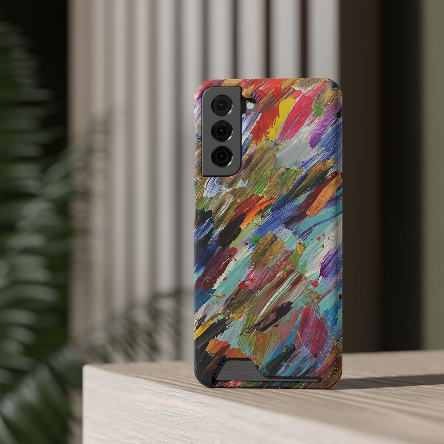 iPhone 13 and Samsung S21, S22 Cases with Card Holder Ft. Abstract Acrylic Feathers