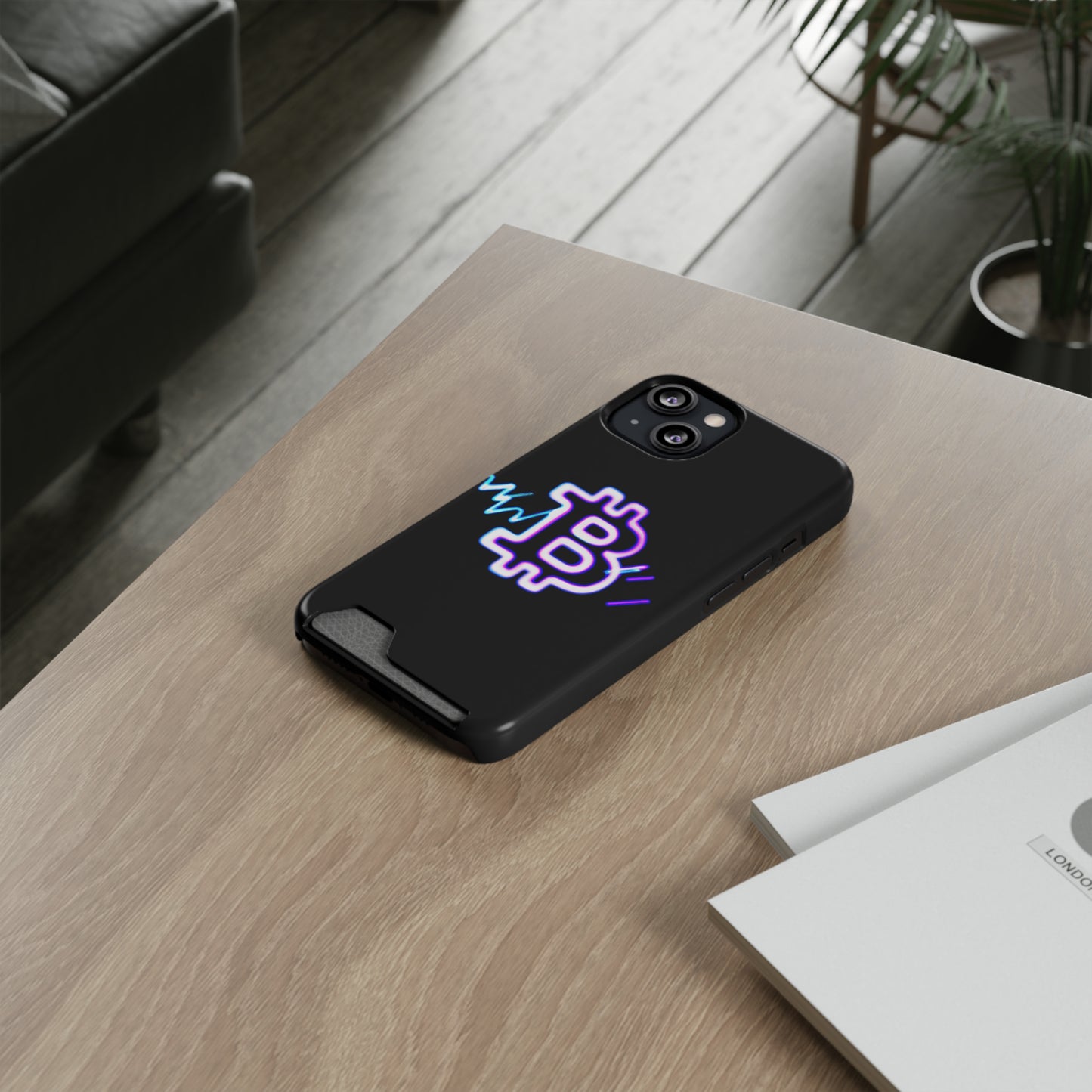 iPhone 13 and Samsung S21, S22 Cases with Card Holder Ft. Synthwave Bitcoin Symbol