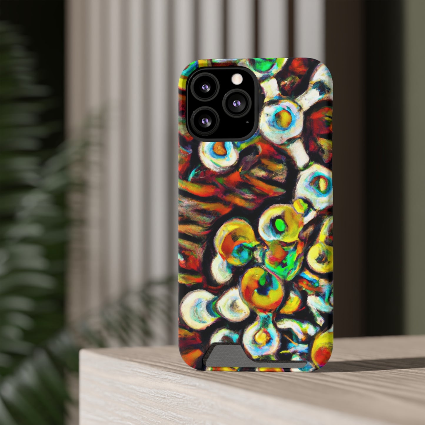 iPhone 13 and Samsung S21, S22 Cases with Card Holder Ft. Abstract Molecule