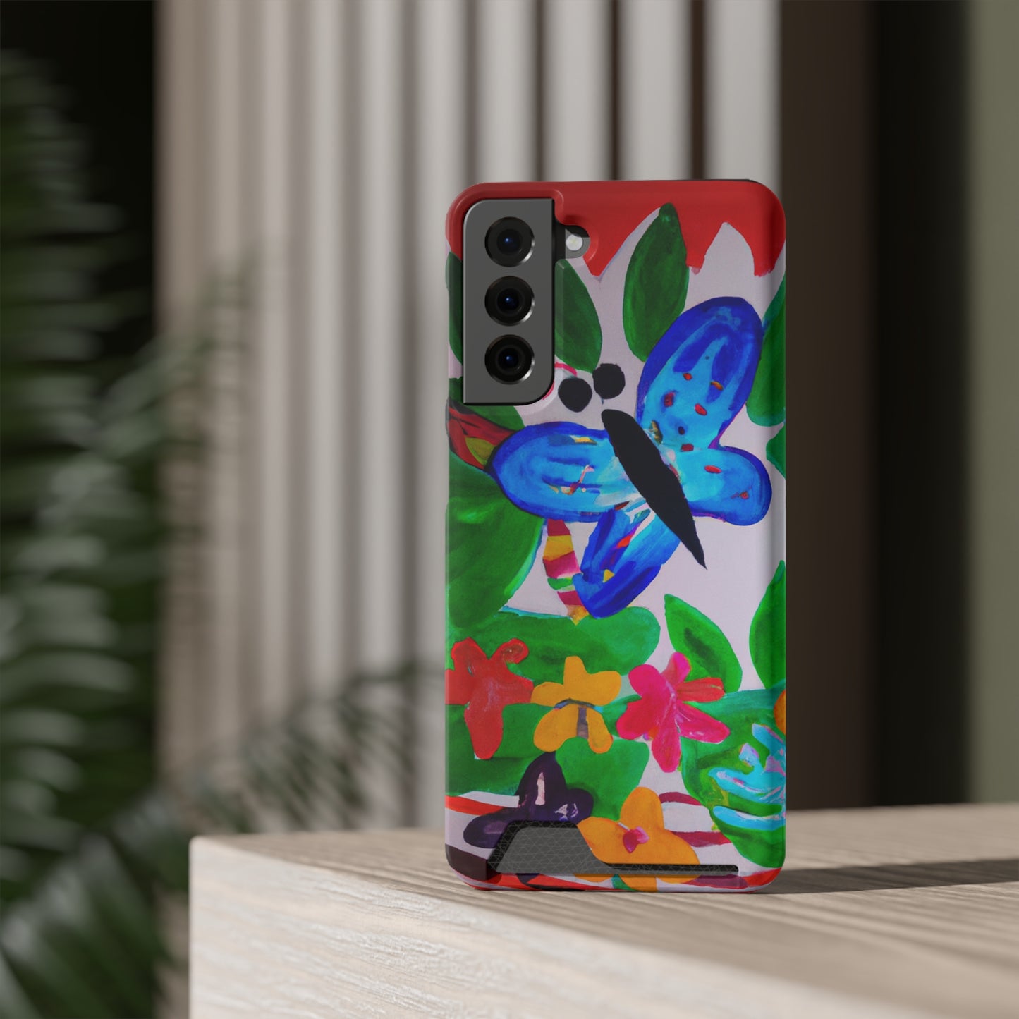 iPhone 13 and Samsung S21, S22 Cases with Card Holder Ft. Watercolor Butterfly