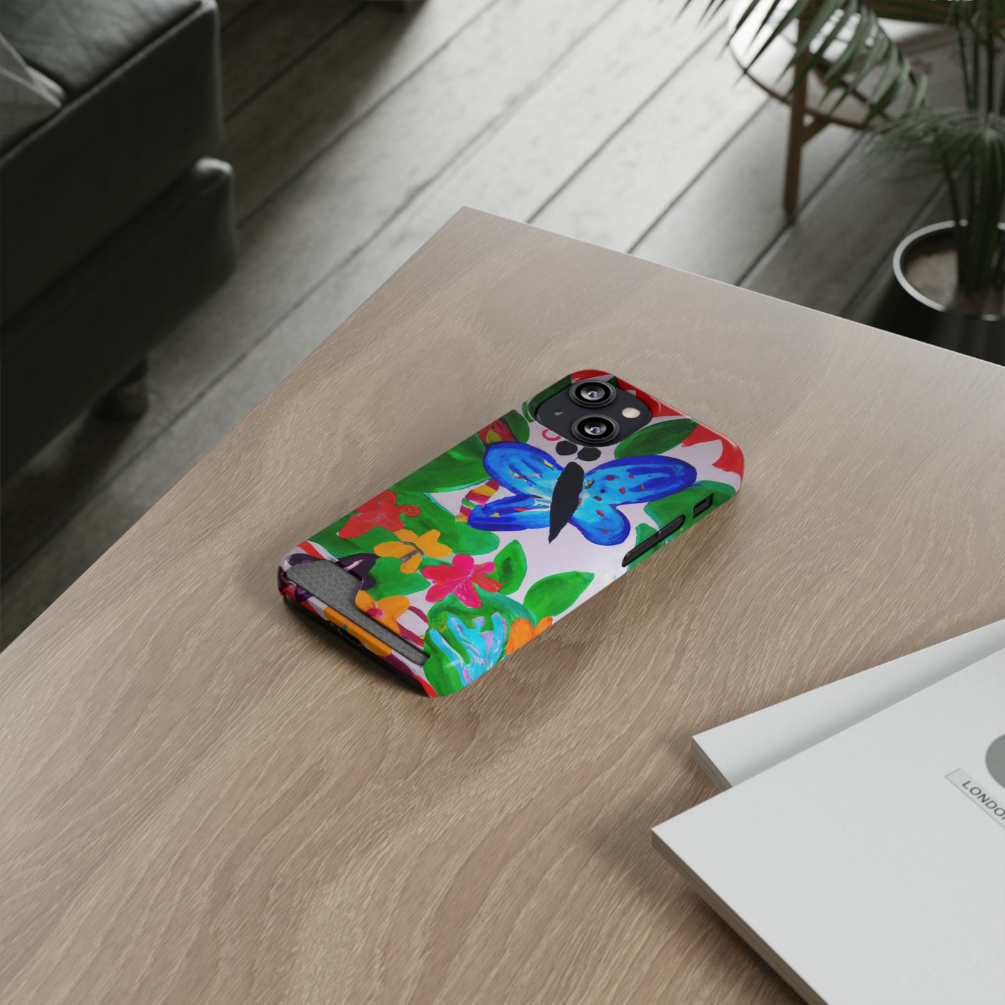 iPhone 13 and Samsung S21, S22 Cases with Card Holder Ft. Watercolor Butterfly