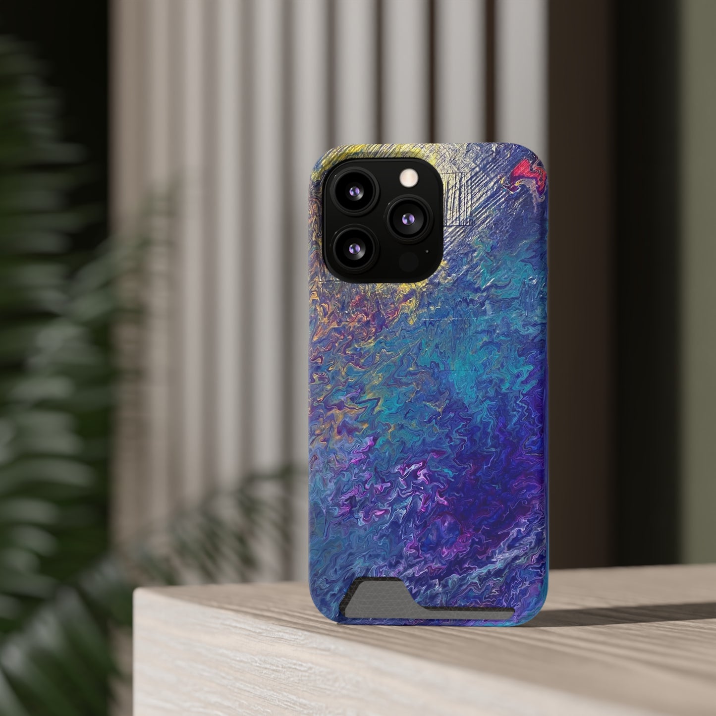 iPhone 13 and Samsung S21, S22 Cases with Card Holder Ft. Abstract Blue Waterfall