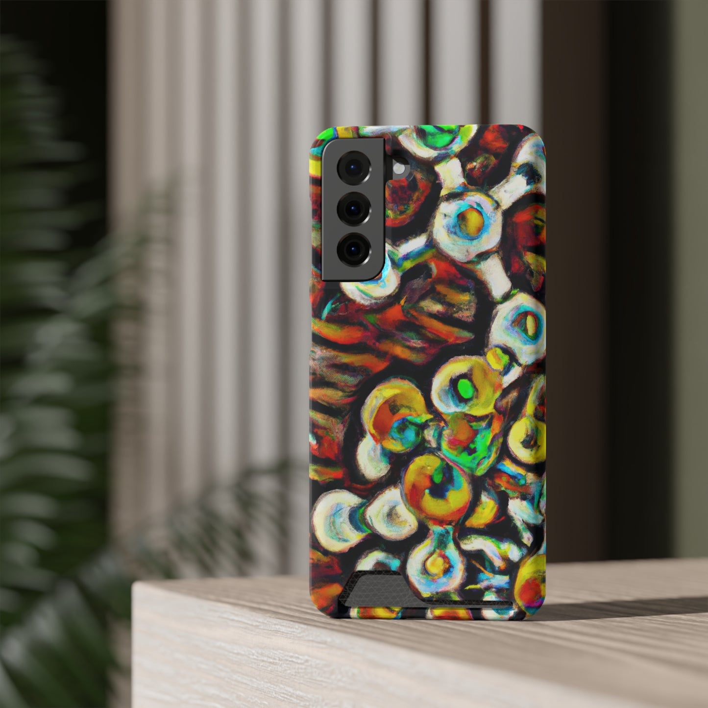 iPhone 13 and Samsung S21, S22 Cases with Card Holder Ft. Abstract Molecule