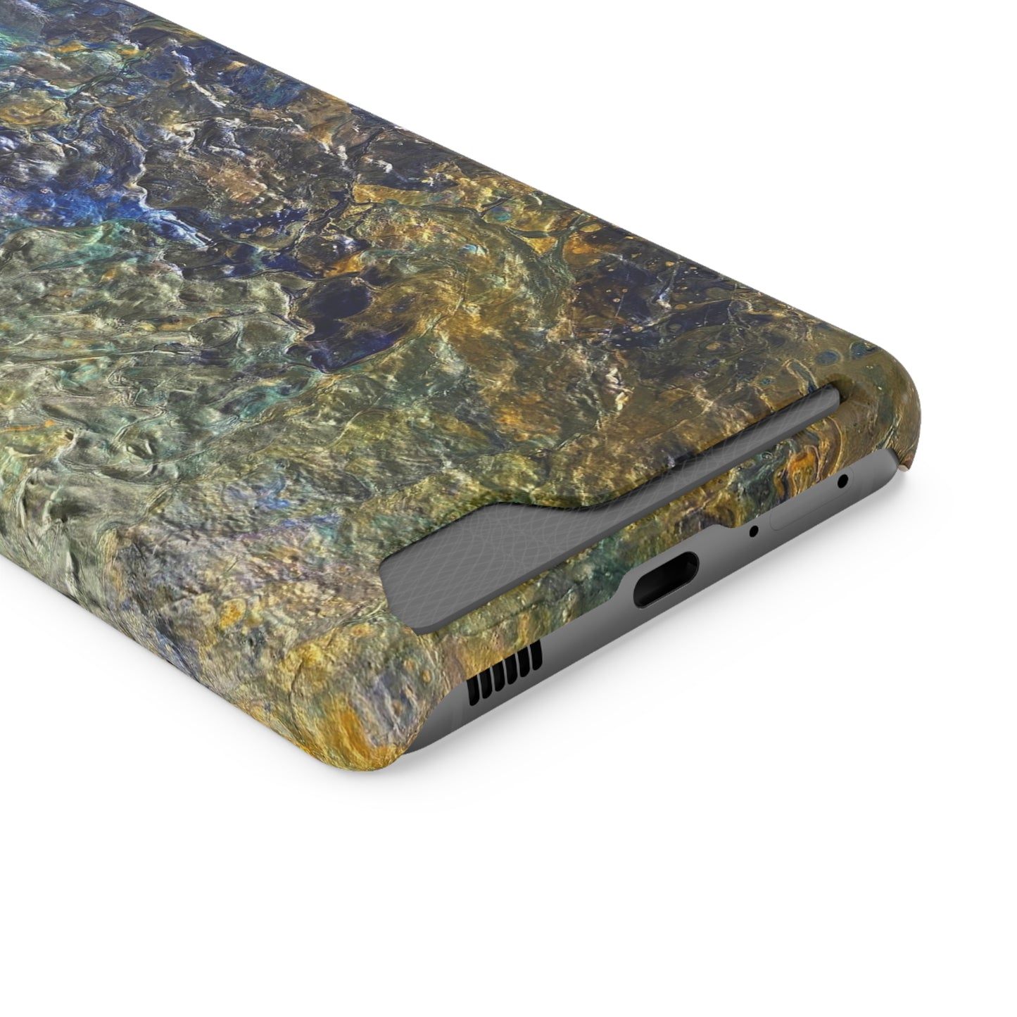 iPhone 13 and Samsung S21, S22 Cases with Card Holder Ft. Abstract Acrylic Gold Waterfall