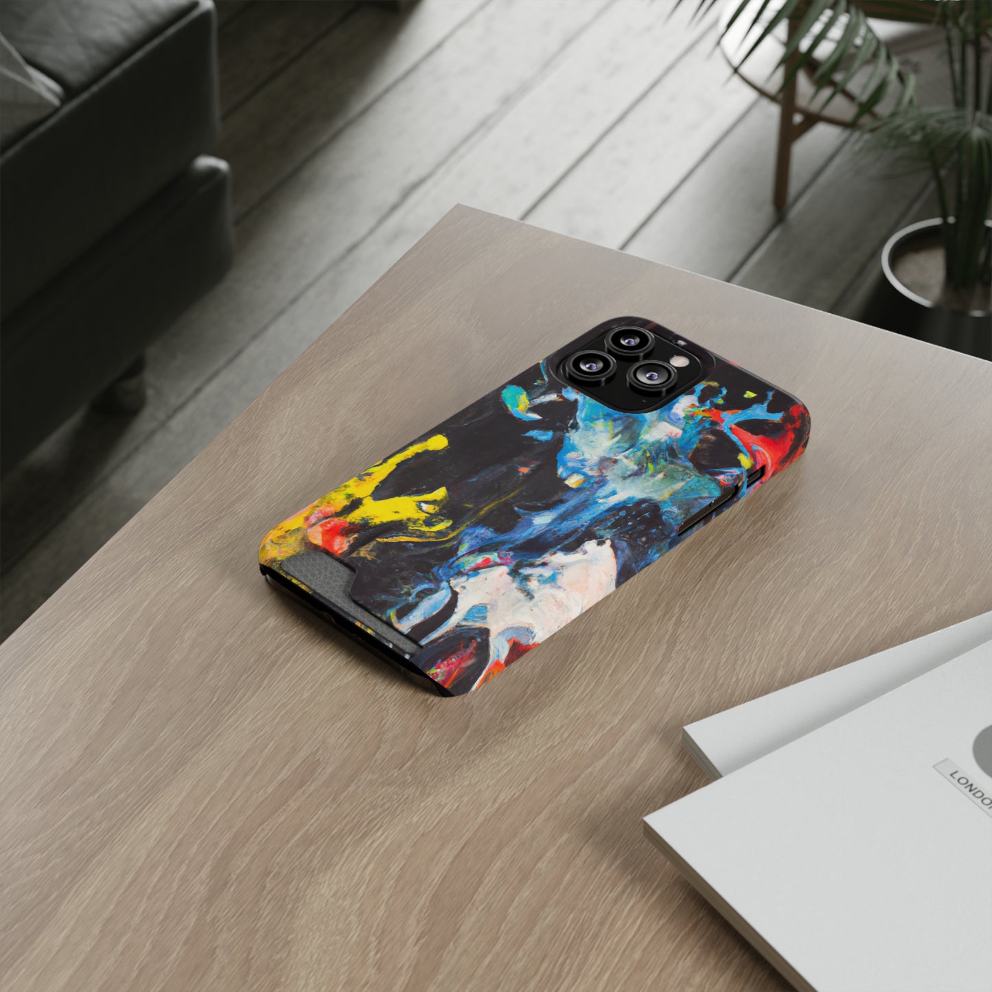 iPhone 13 or Samsung S21, S22 Case with Card Holder Ft. Blue Splat