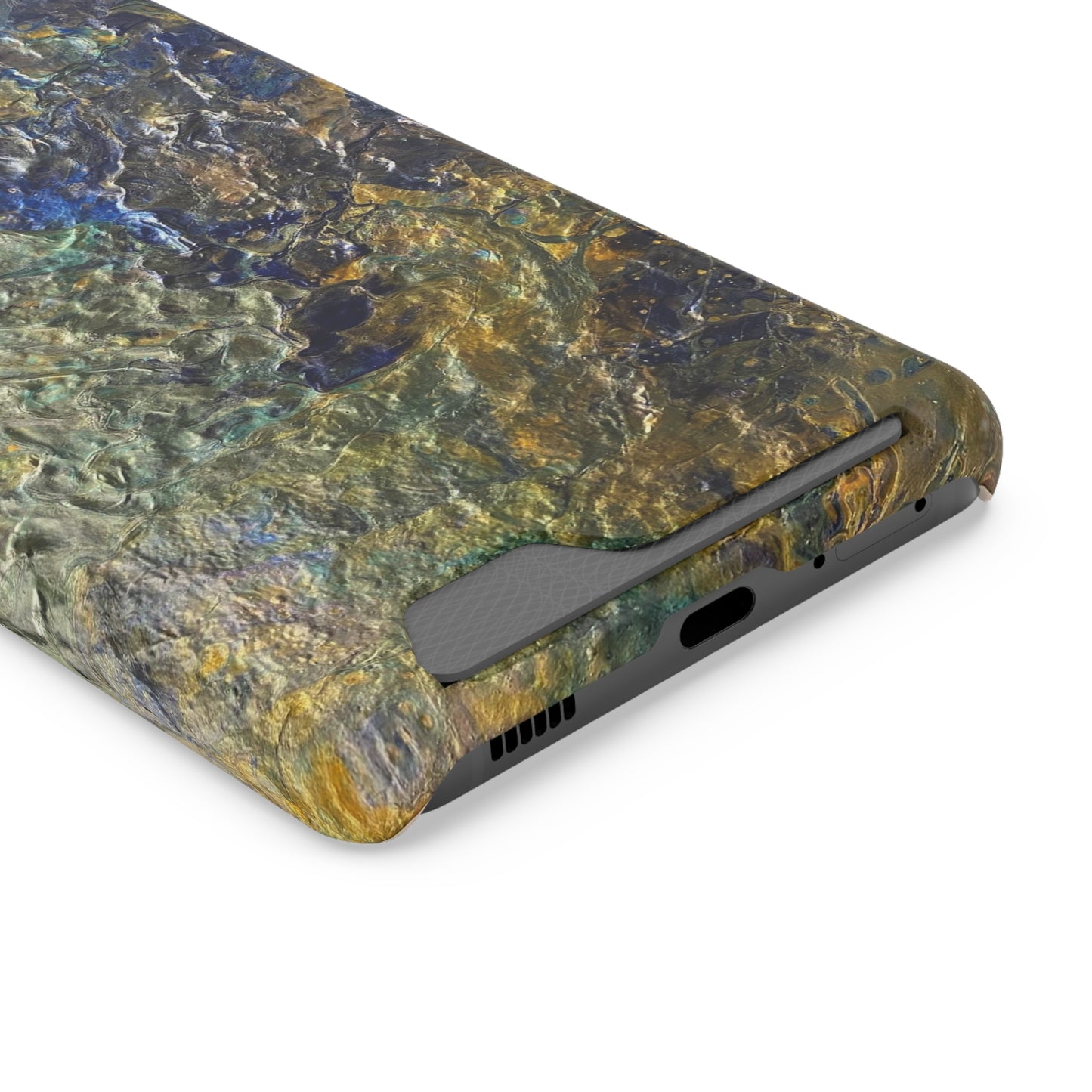 iPhone 13 and Samsung S21, S22 Cases with Card Holder Ft. Abstract Acrylic Gold Waterfall