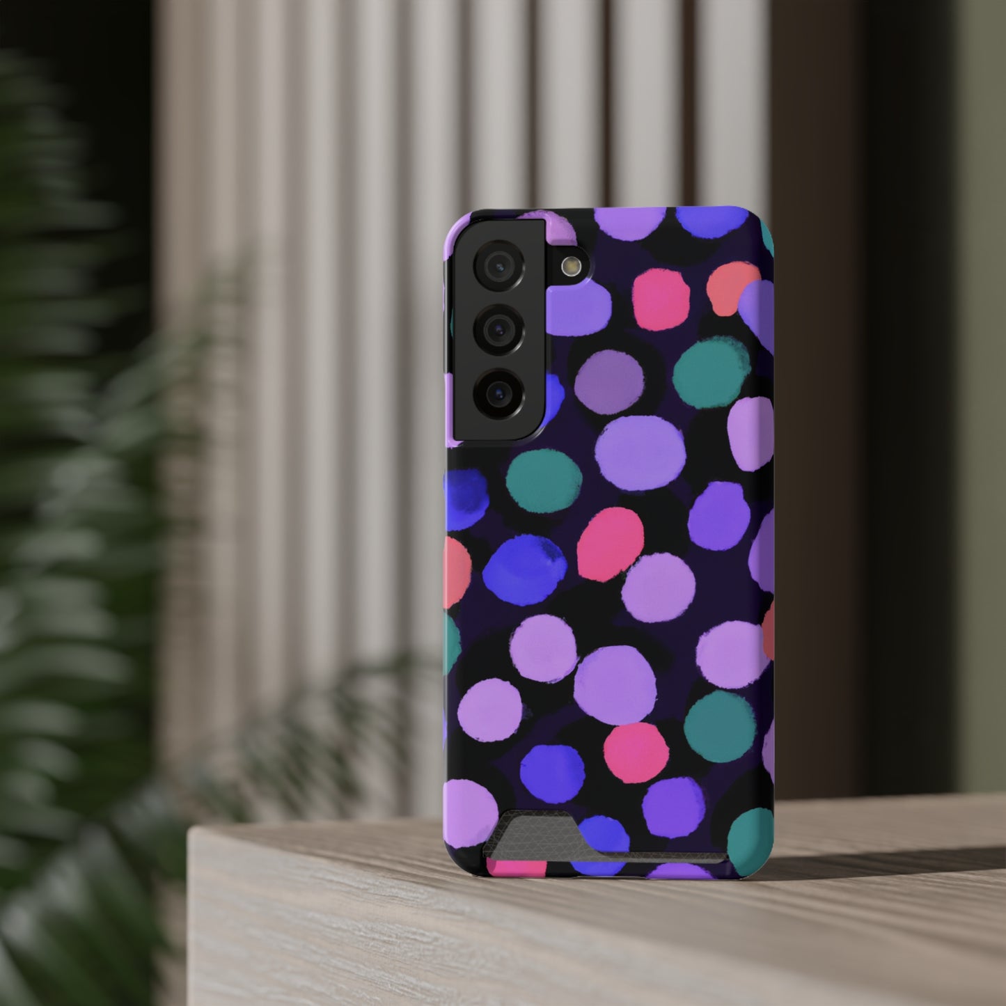 iPhone 13 and Samsung S21, S22 Cases with Card Holder Ft. Purple Dots