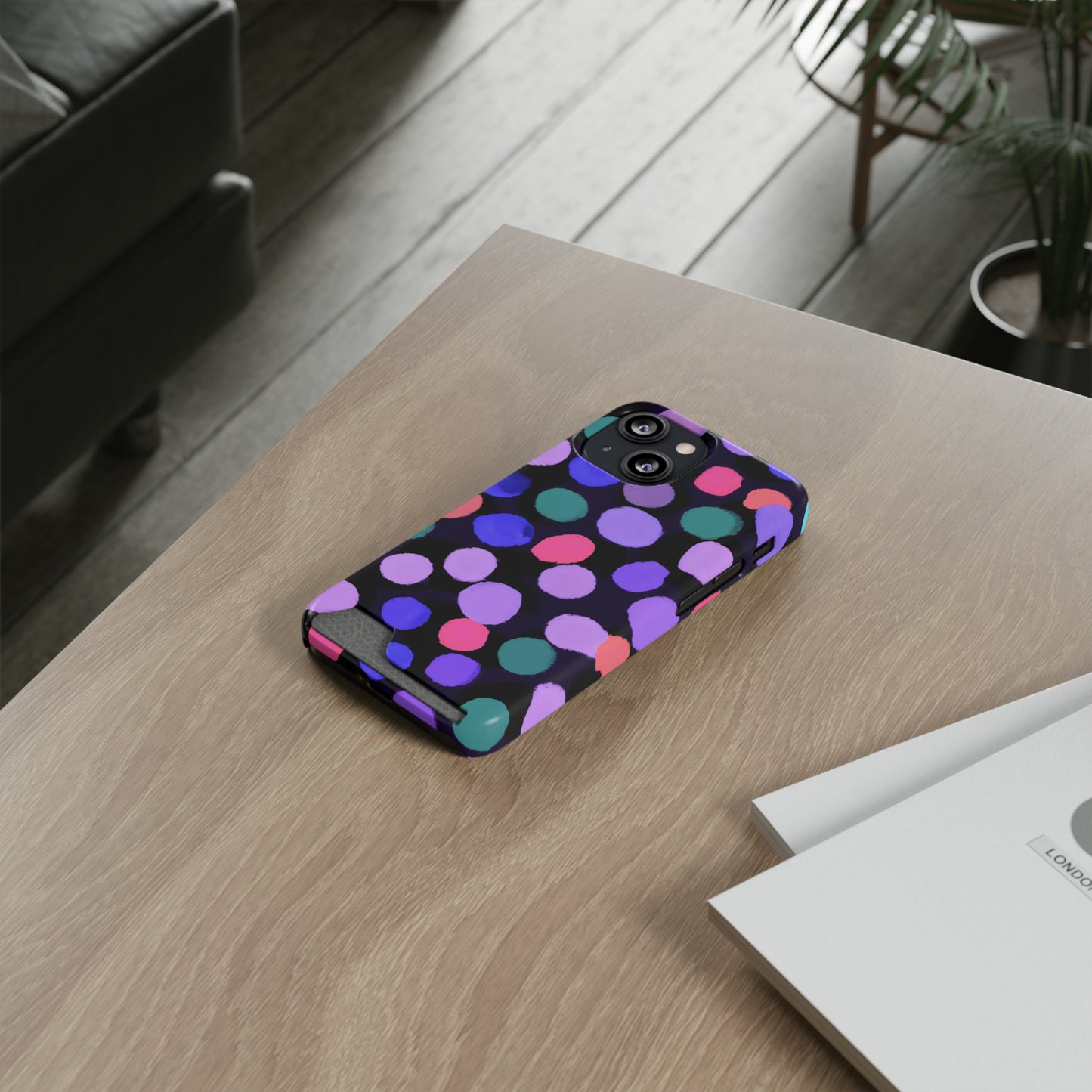 iPhone 13 and Samsung S21, S22 Cases with Card Holder Ft. Purple Dots