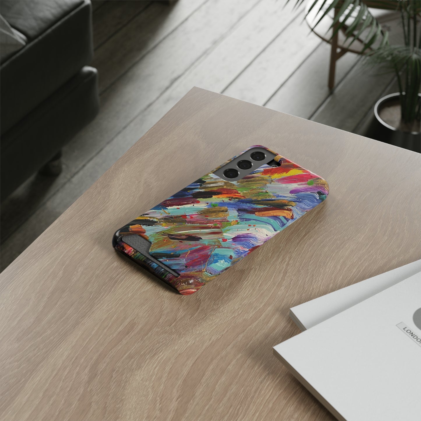 iPhone 13 and Samsung S21, S22 Cases with Card Holder Ft. Abstract Acrylic Feathers