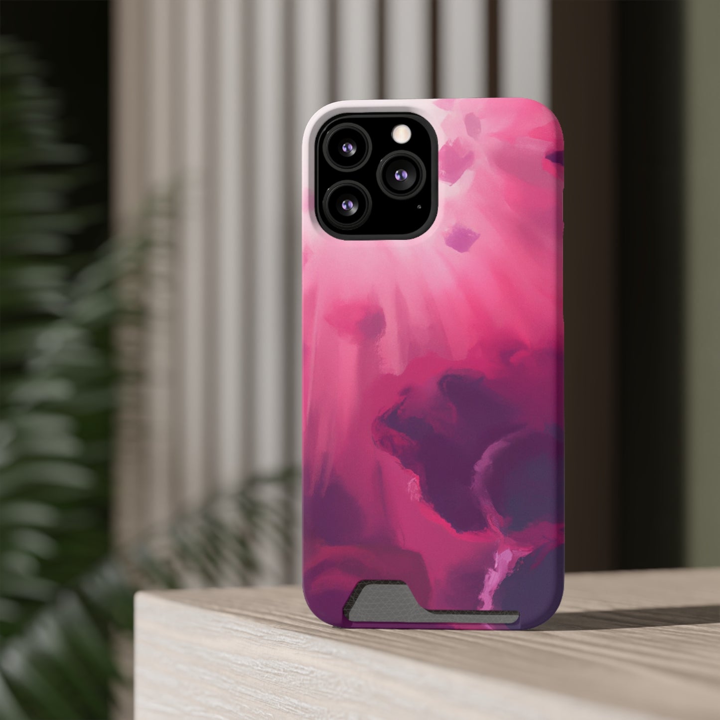 iPhone 13 and Samsung S21, S22 Cases with Card Holder Ft. Abstract Pink Sky