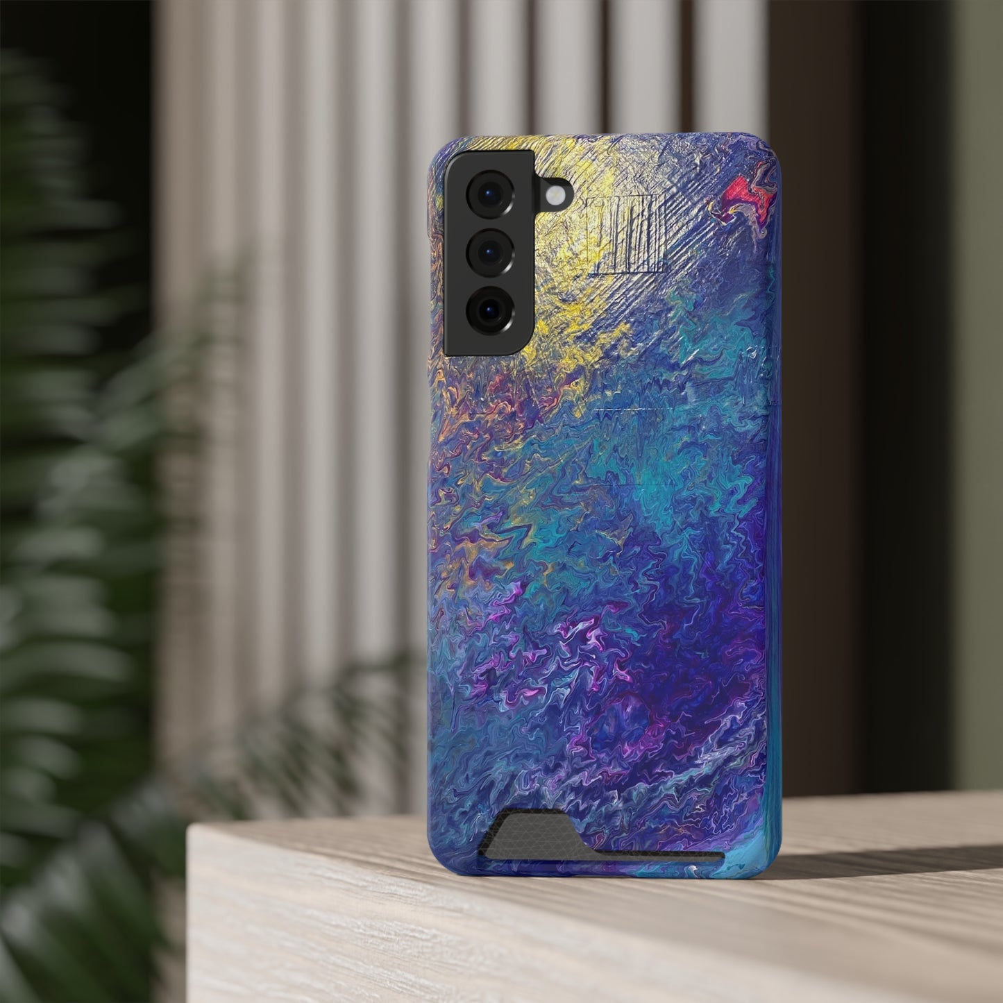 iPhone 13 and Samsung S21, S22 Cases with Card Holder Ft. Abstract Blue Waterfall