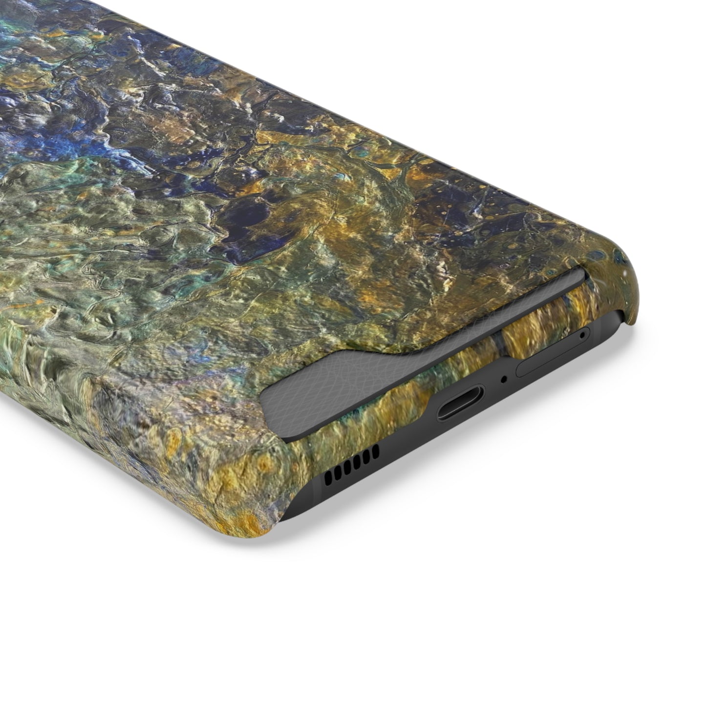iPhone 13 and Samsung S21, S22 Cases with Card Holder Ft. Abstract Acrylic Gold Waterfall