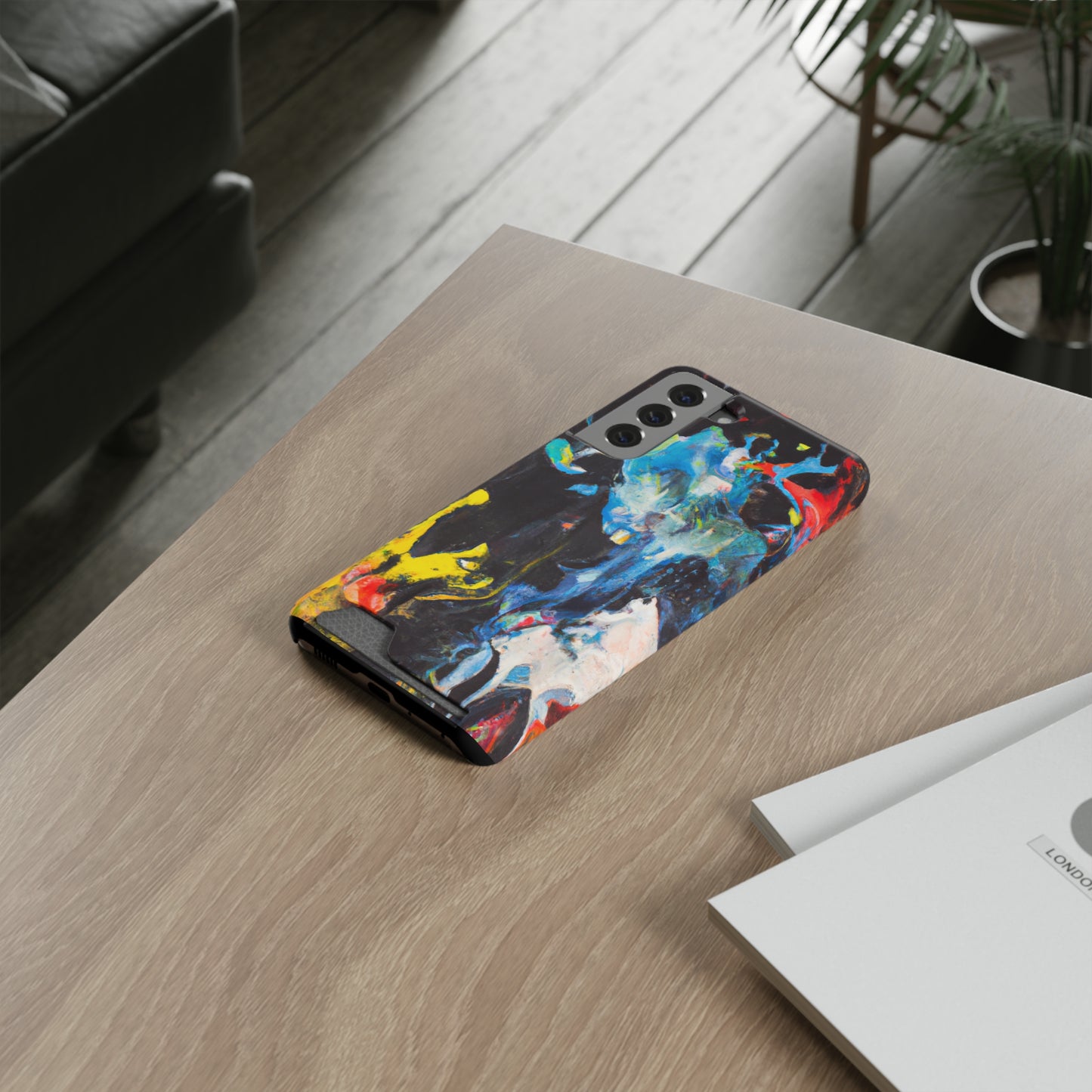 iPhone 13 or Samsung S21, S22 Case with Card Holder Ft. Blue Splat