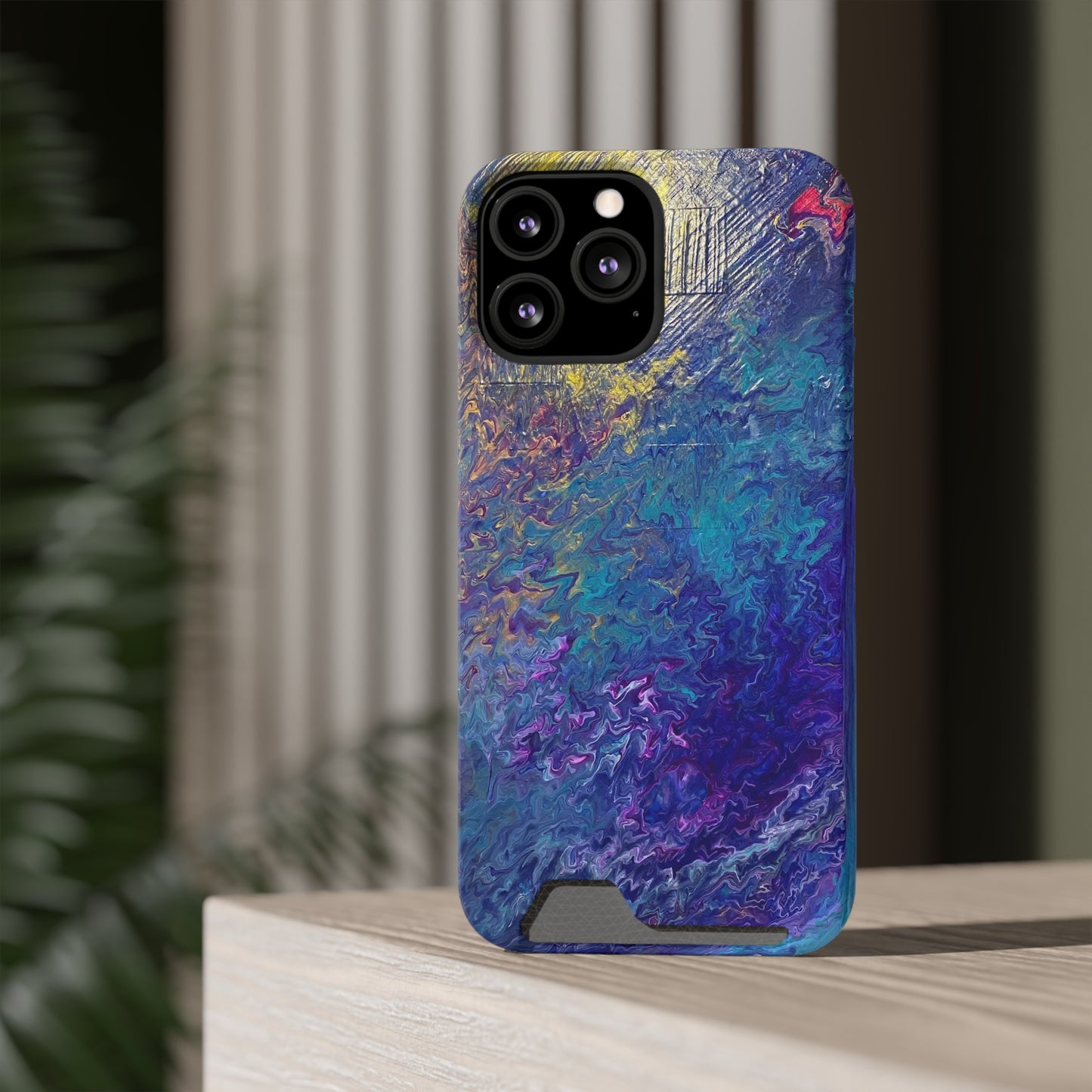 iPhone 13 and Samsung S21, S22 Cases with Card Holder Ft. Abstract Blue Waterfall