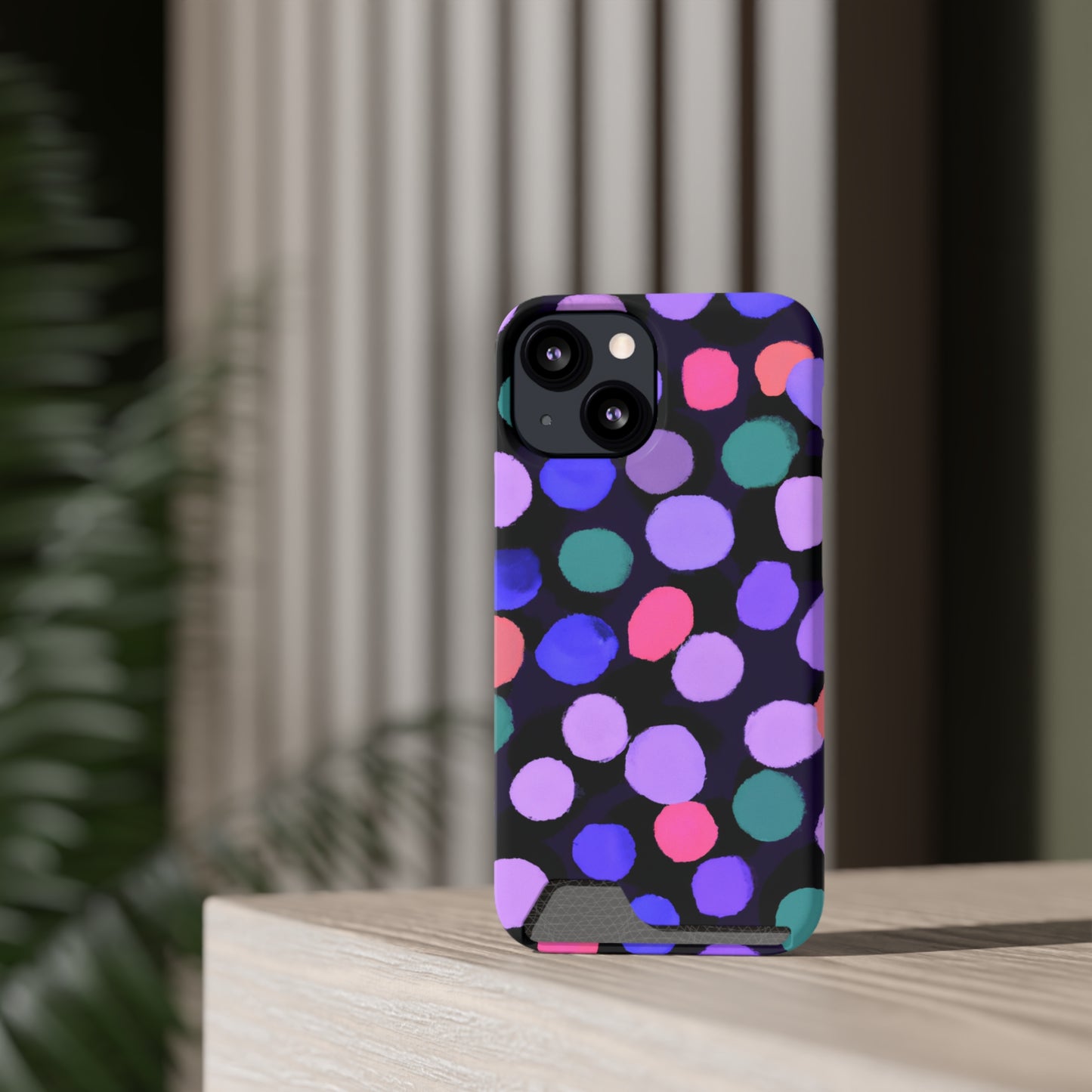iPhone 13 and Samsung S21, S22 Cases with Card Holder Ft. Purple Dots