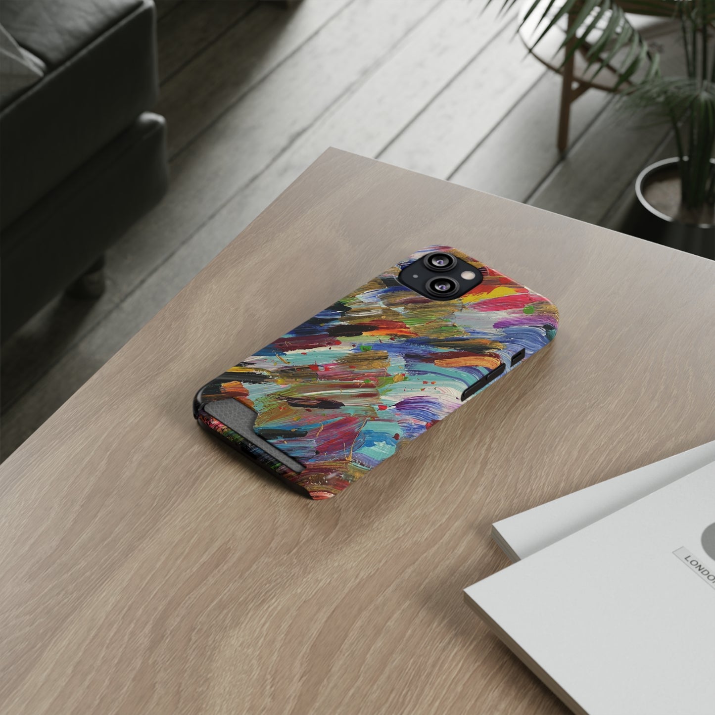 iPhone 13 and Samsung S21, S22 Cases with Card Holder Ft. Abstract Acrylic Feathers