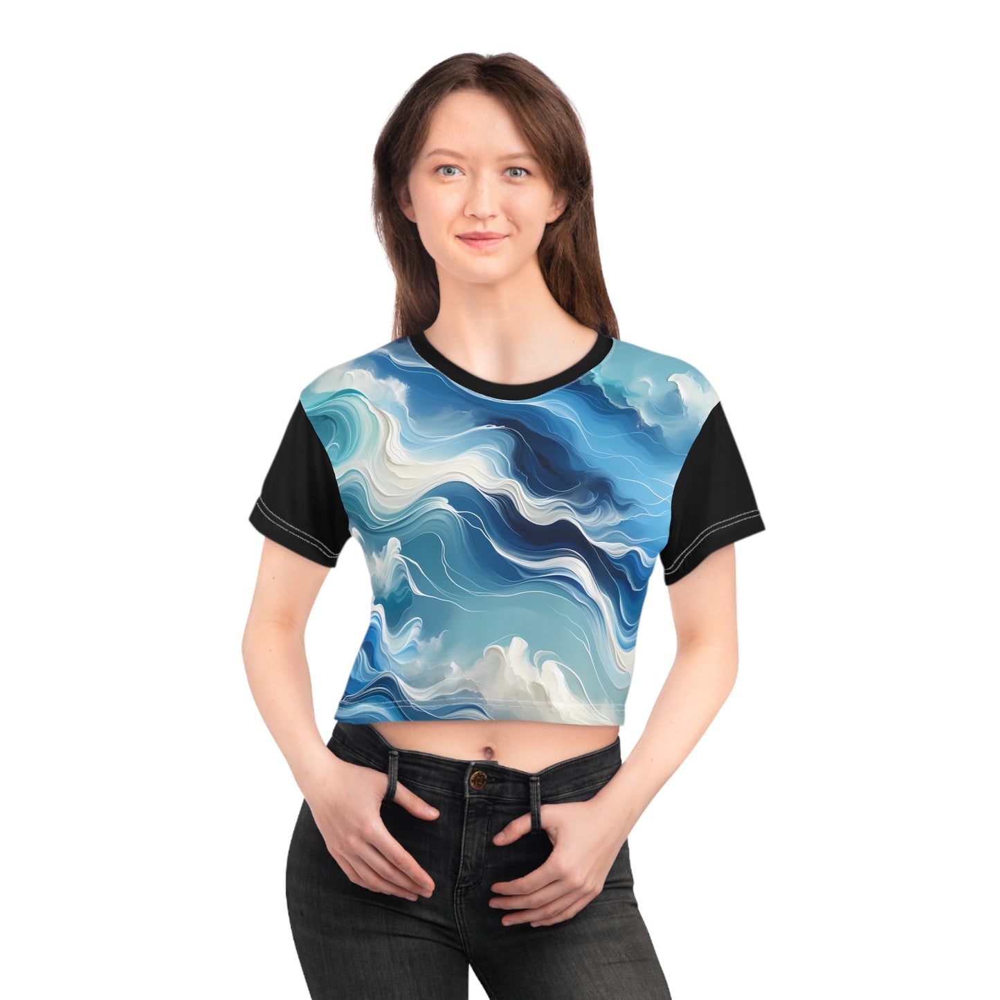 Blue and White Flow State Crop Top Tee
