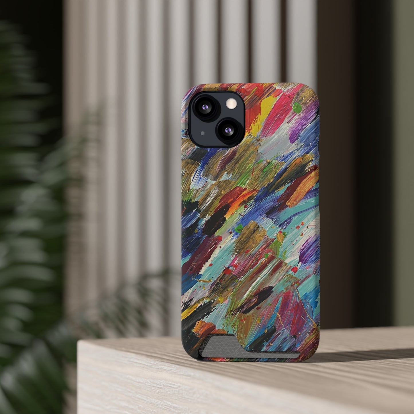 iPhone 13 and Samsung S21, S22 Cases with Card Holder Ft. Abstract Acrylic Feathers