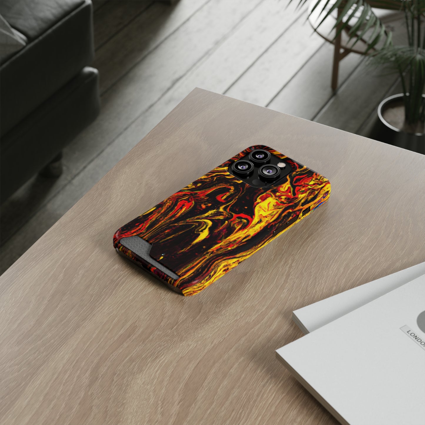 iPhone 13 and Samsung S21, S22 Cases with Card Holder Ft. Abstract Black and Yellow