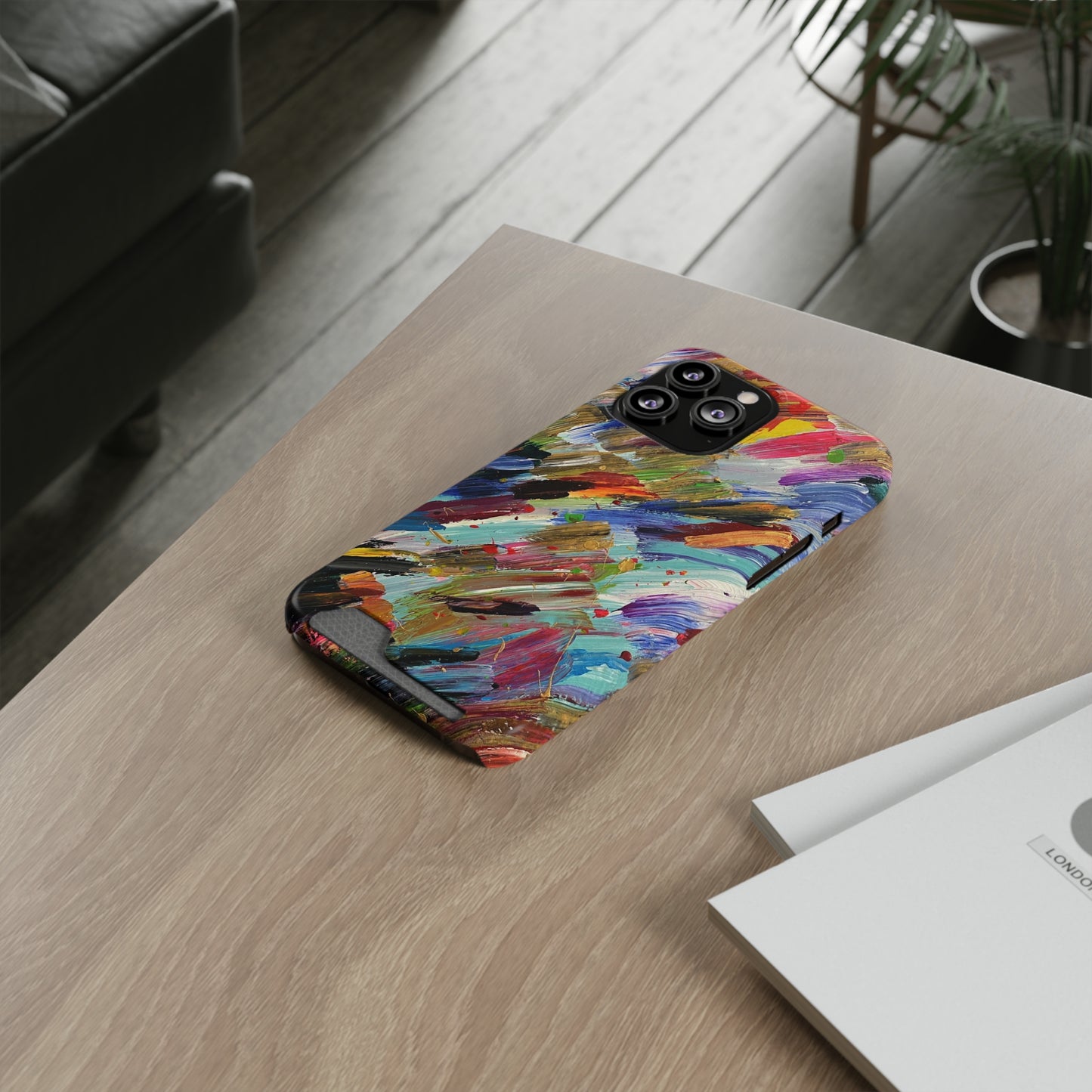 iPhone 13 and Samsung S21, S22 Cases with Card Holder Ft. Abstract Acrylic Feathers