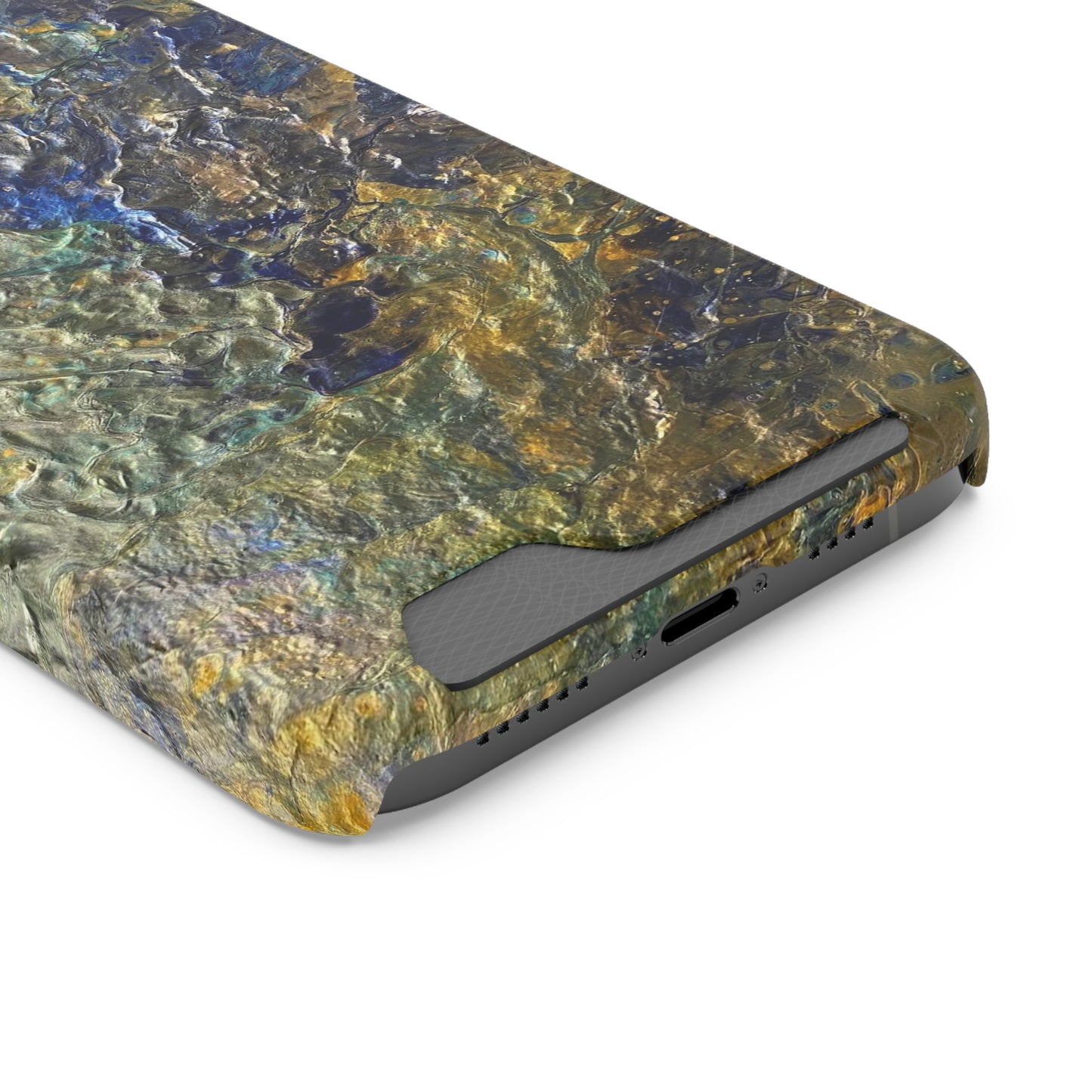 iPhone 13 and Samsung S21, S22 Cases with Card Holder Ft. Abstract Acrylic Gold Waterfall