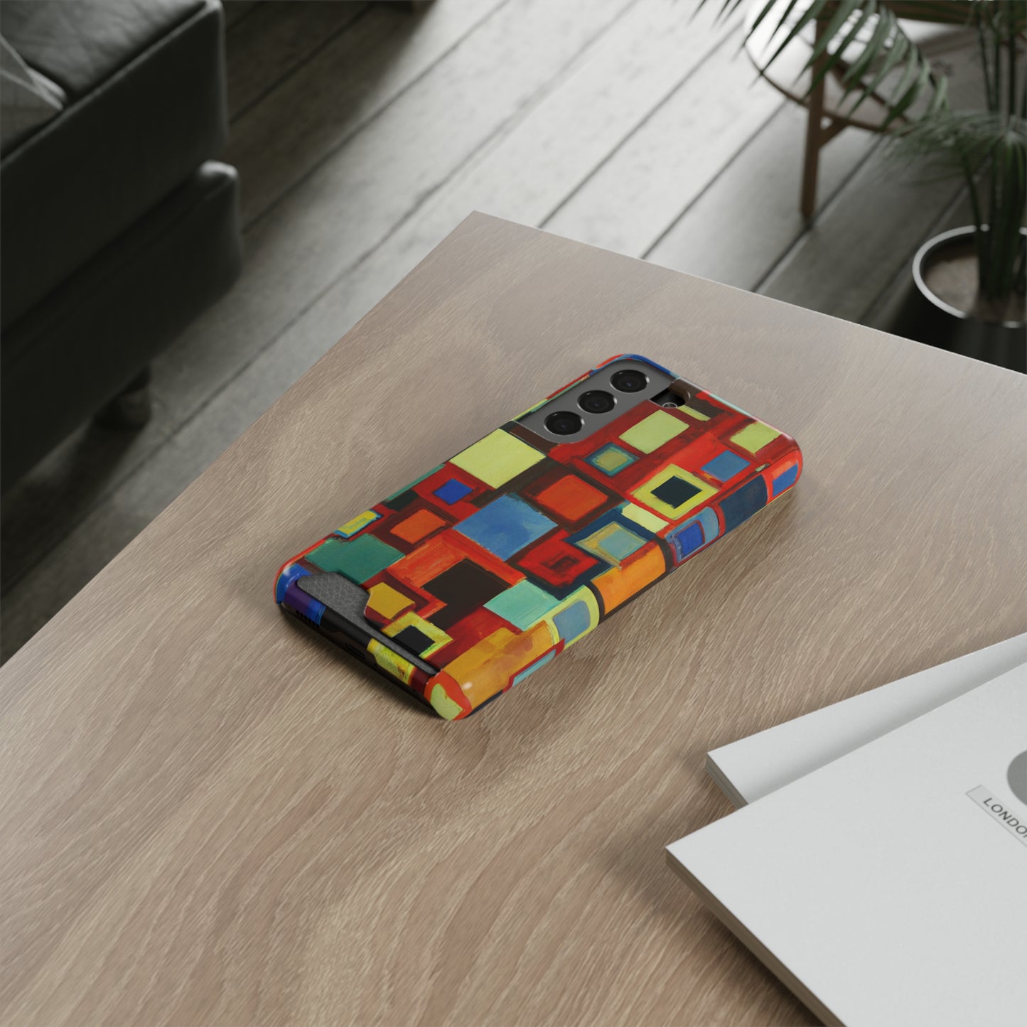iPhone 13 and Samsung S21, S22 Cases with Card Holder Ft. Abstract Squares