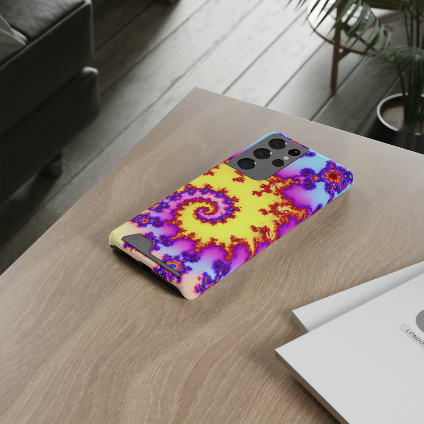 iPhone 13 and Samsung S21, S22 Cases with Card Holder Ft. Tie Dye Fractal
