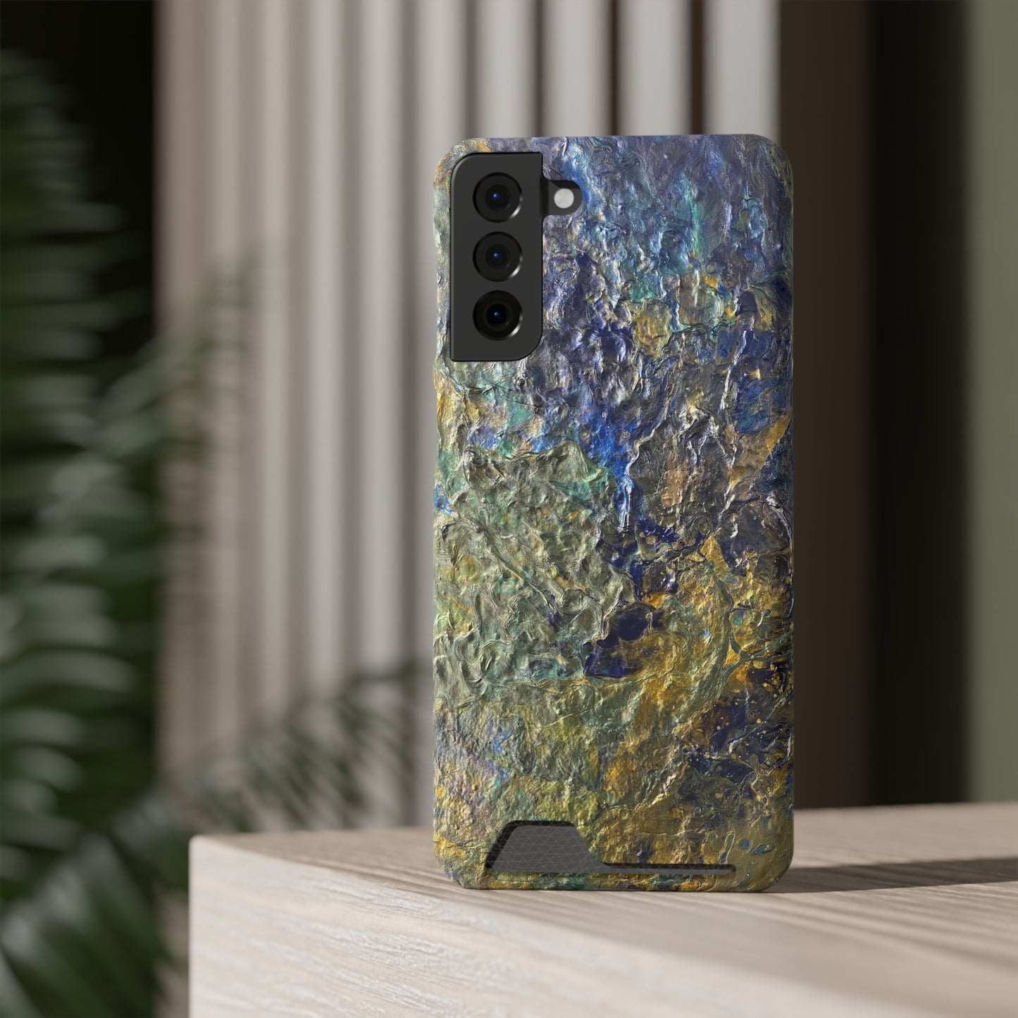 iPhone 13 and Samsung S21, S22 Cases with Card Holder Ft. Abstract Acrylic Gold Waterfall