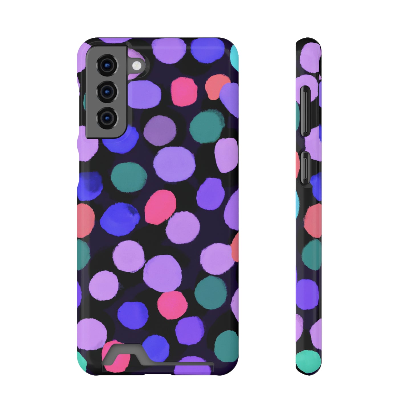 iPhone 13 and Samsung S21, S22 Cases with Card Holder Ft. Purple Dots