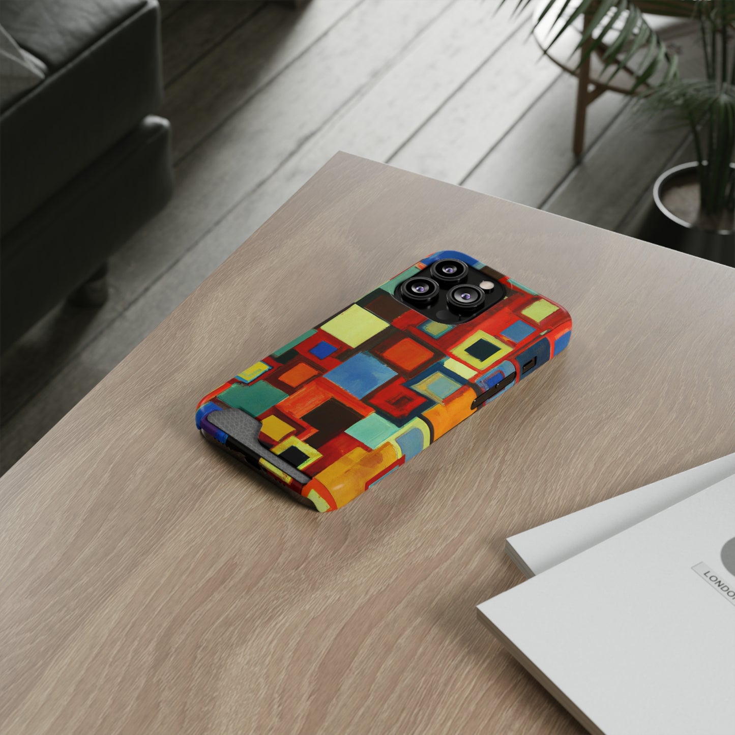 iPhone 13 and Samsung S21, S22 Cases with Card Holder Ft. Abstract Squares