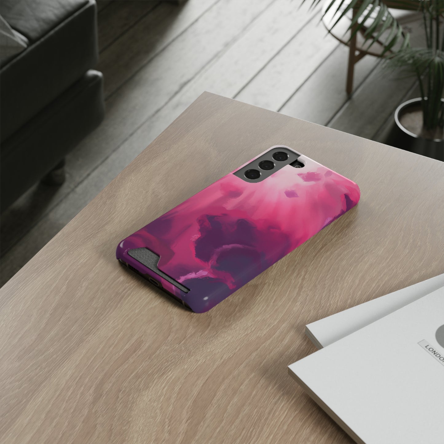 iPhone 13 and Samsung S21, S22 Cases with Card Holder Ft. Abstract Pink Sky