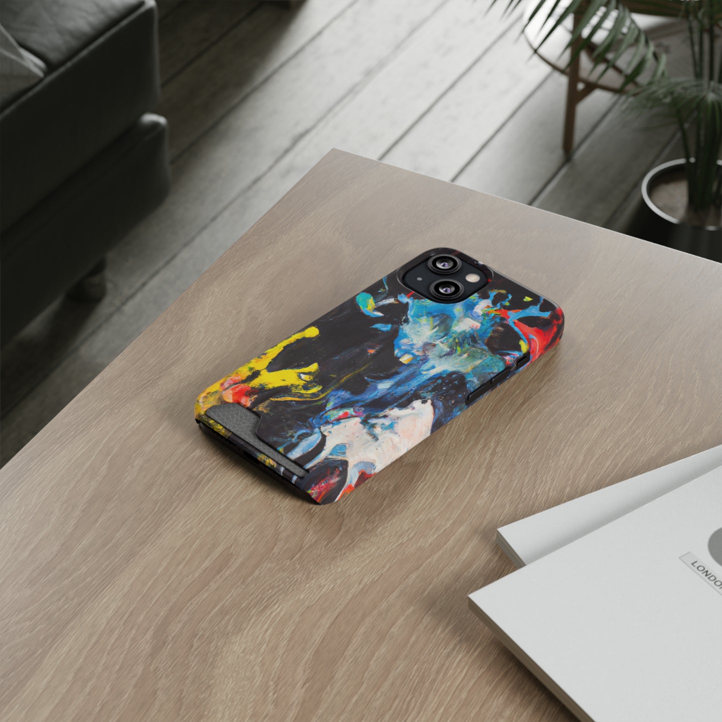 iPhone 13 or Samsung S21, S22 Case with Card Holder Ft. Blue Splat
