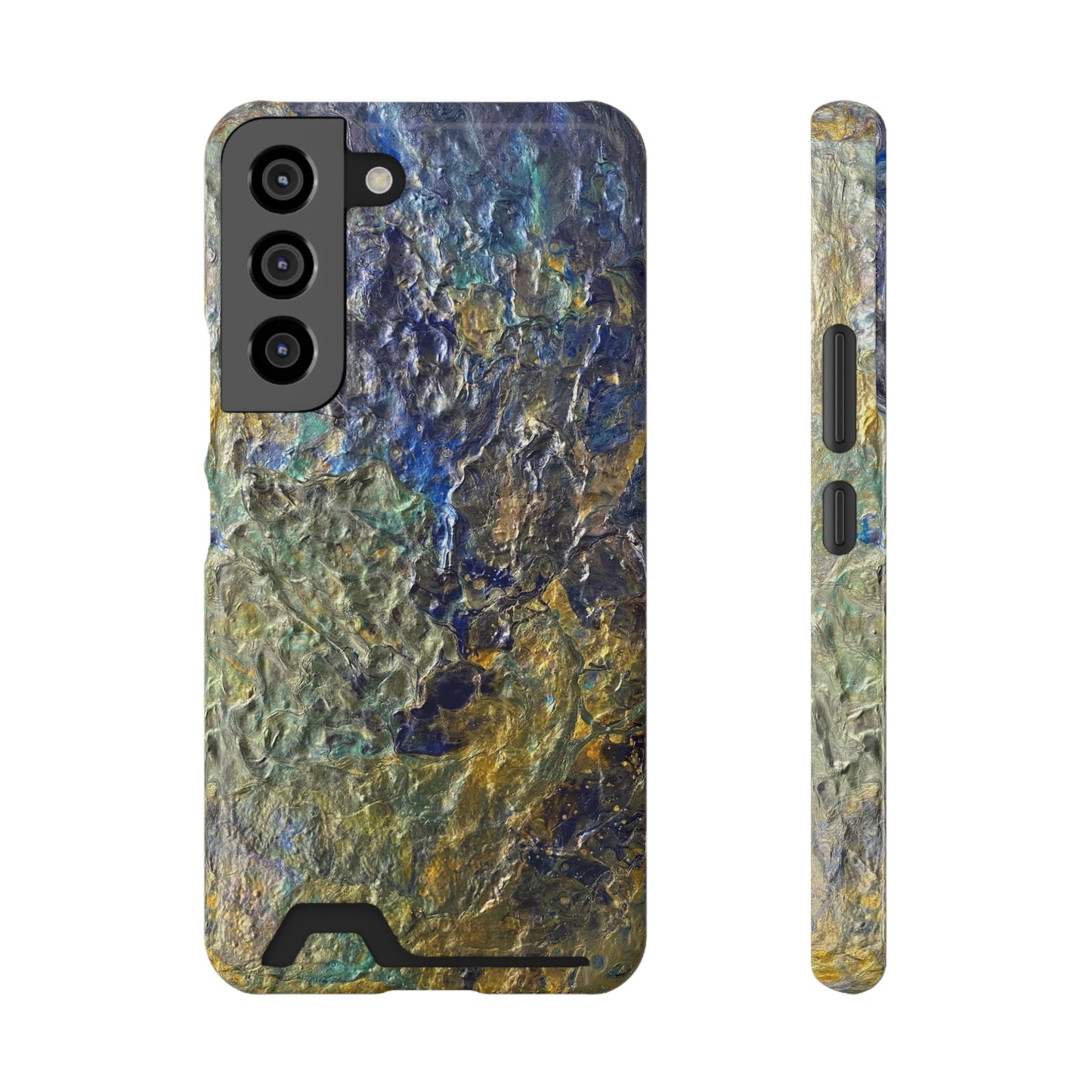 iPhone 13 and Samsung S21, S22 Cases with Card Holder Ft. Abstract Acrylic Gold Waterfall