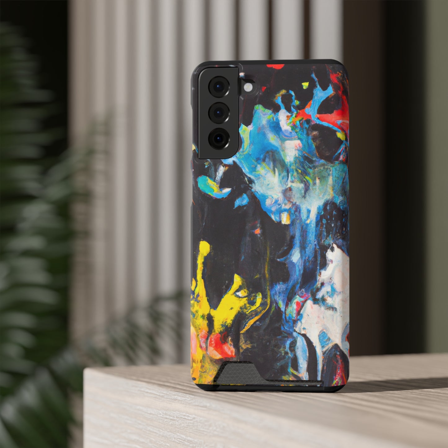iPhone 13 or Samsung S21, S22 Case with Card Holder Ft. Blue Splat