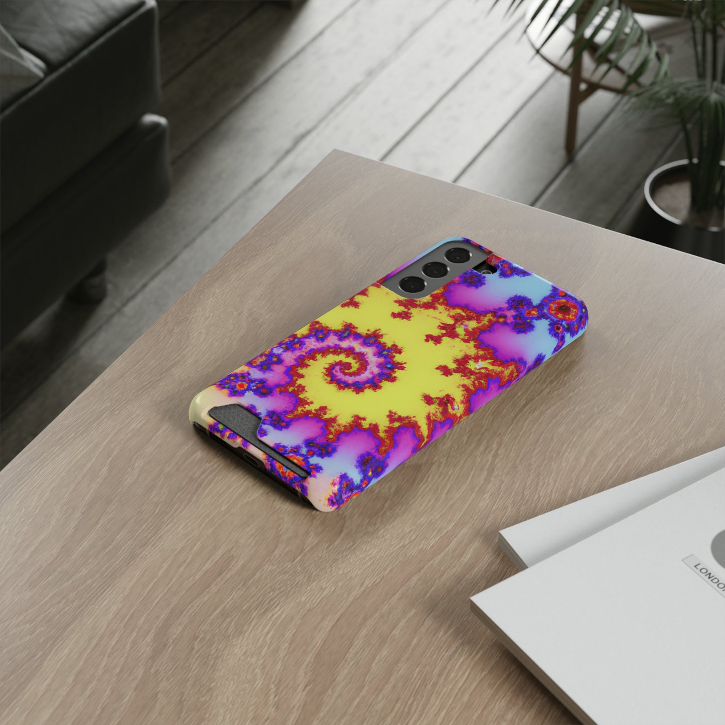 iPhone 13 and Samsung S21, S22 Cases with Card Holder Ft. Tie Dye Fractal