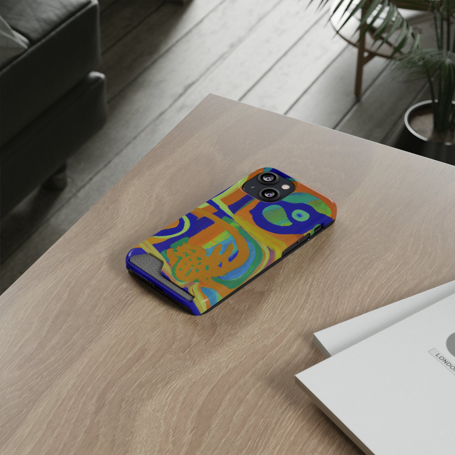 iPhone 13 and Samsung S21, S22 Cases with Card Holder Ft. Blue Orange Curves