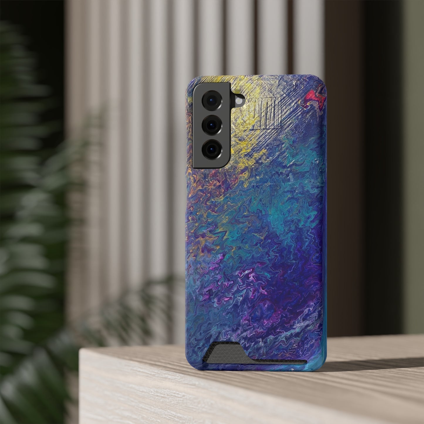 iPhone 13 and Samsung S21, S22 Cases with Card Holder Ft. Abstract Blue Waterfall