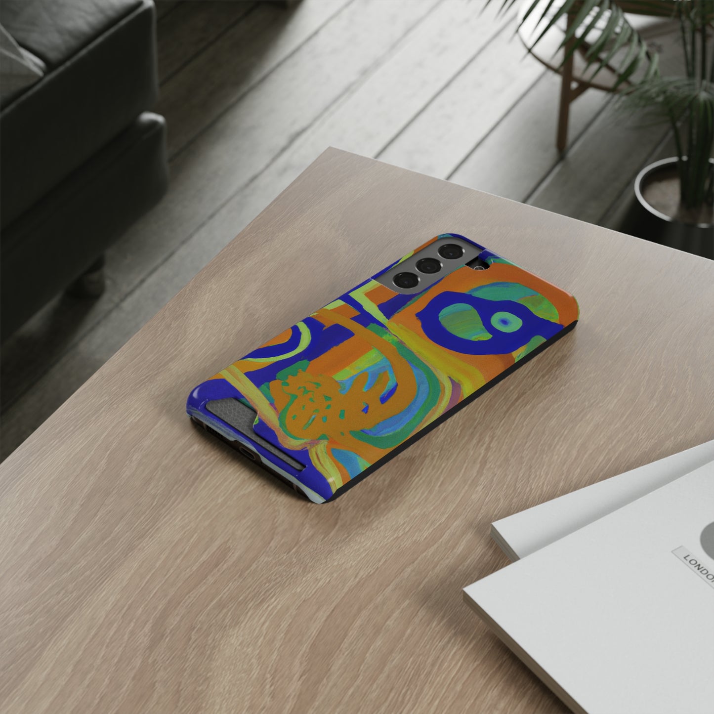 iPhone 13 and Samsung S21, S22 Cases with Card Holder Ft. Blue Orange Curves