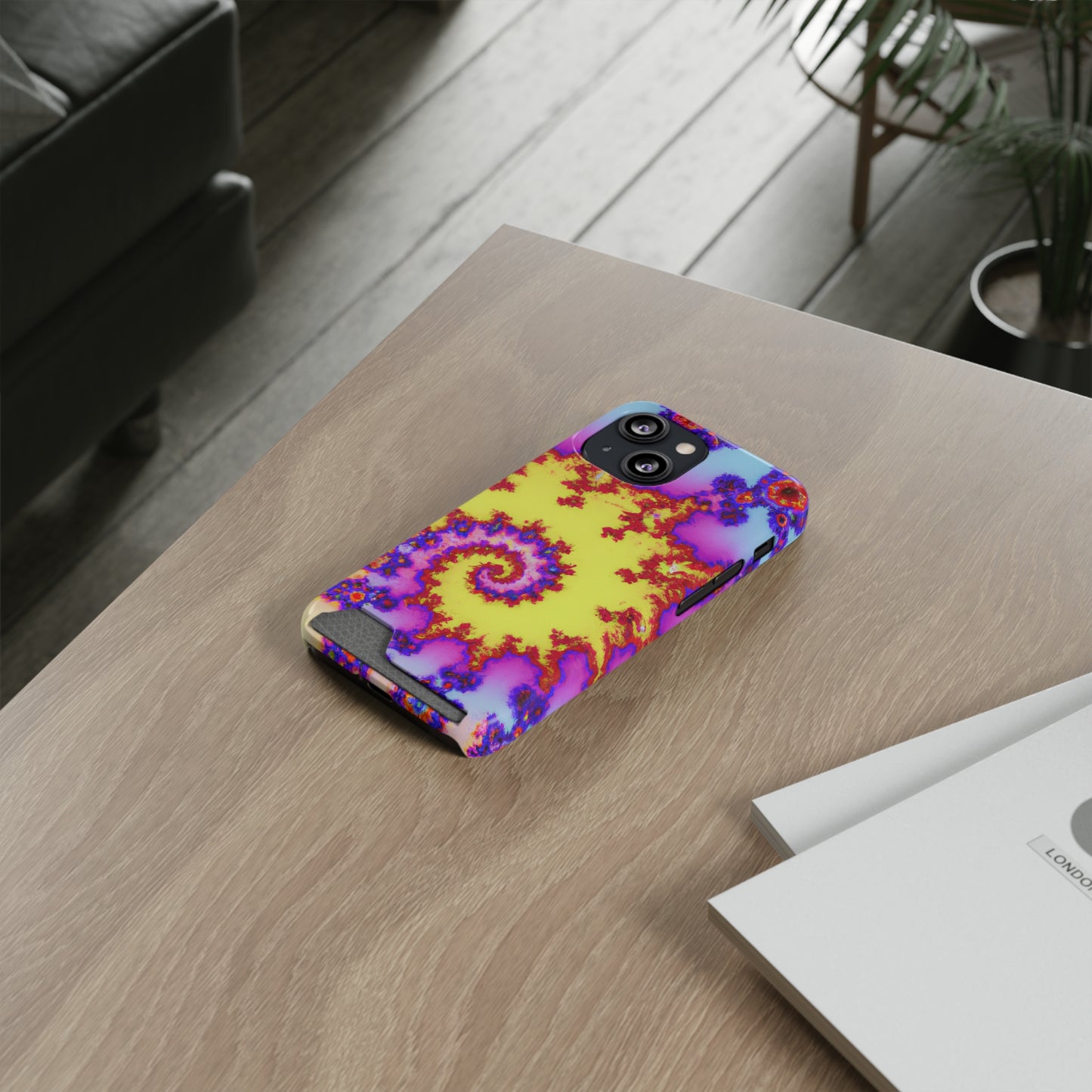 iPhone 13 and Samsung S21, S22 Cases with Card Holder Ft. Tie Dye Fractal