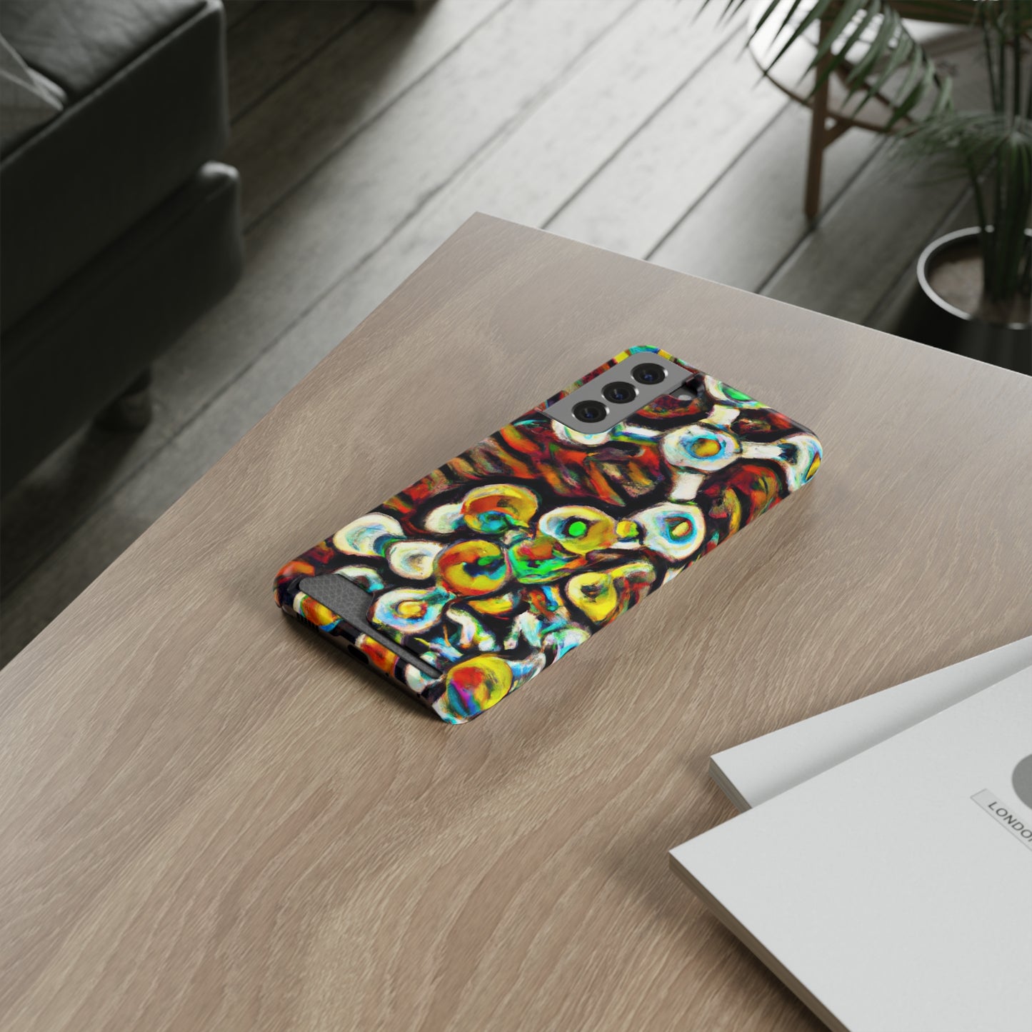 iPhone 13 and Samsung S21, S22 Cases with Card Holder Ft. Abstract Molecule